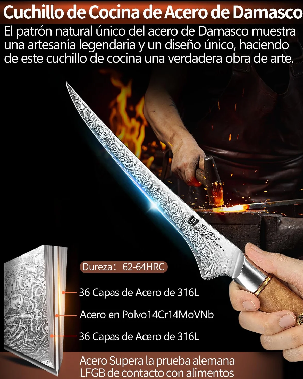 XINZUO Cuchillo de Filete 17,8cm Acero Damasco 73 Capas Mango Olivo