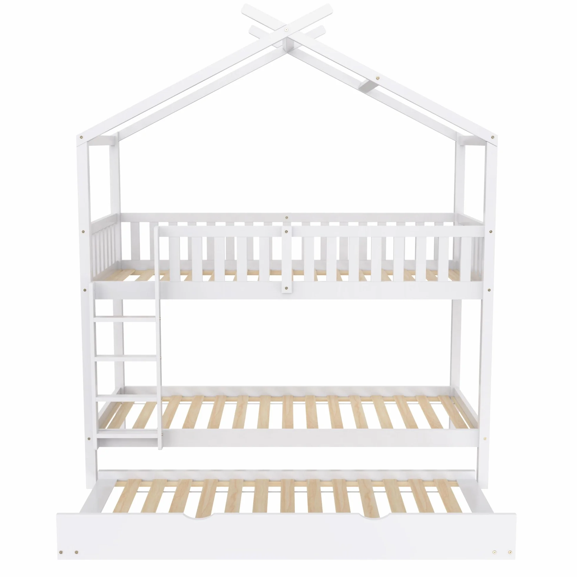 Azkoeesy Litera Infantil con Cama Nido para 3 niños o Adultos, Forma de casita, con protección anticaídas, somier, Escalera, Material Pino, Color Blanco, 90 x 200 cm - N634W0001A