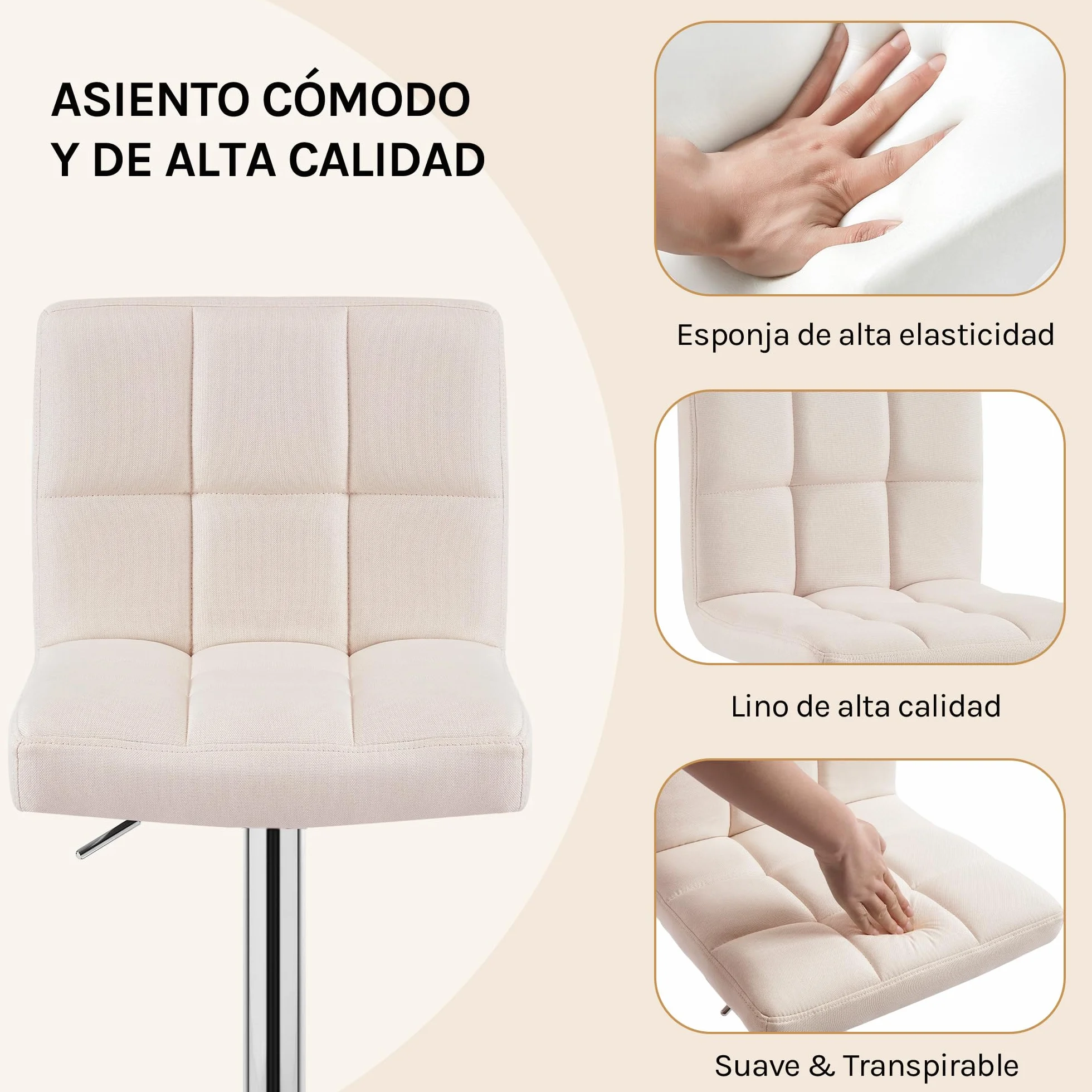 WOLTU 2X Taburete de Bar Silla de Bar Lino Muebles Cocina Taburete Alto Regulable en Altura con Respaldo Sillas Alta Taburetes Tapizado Crema