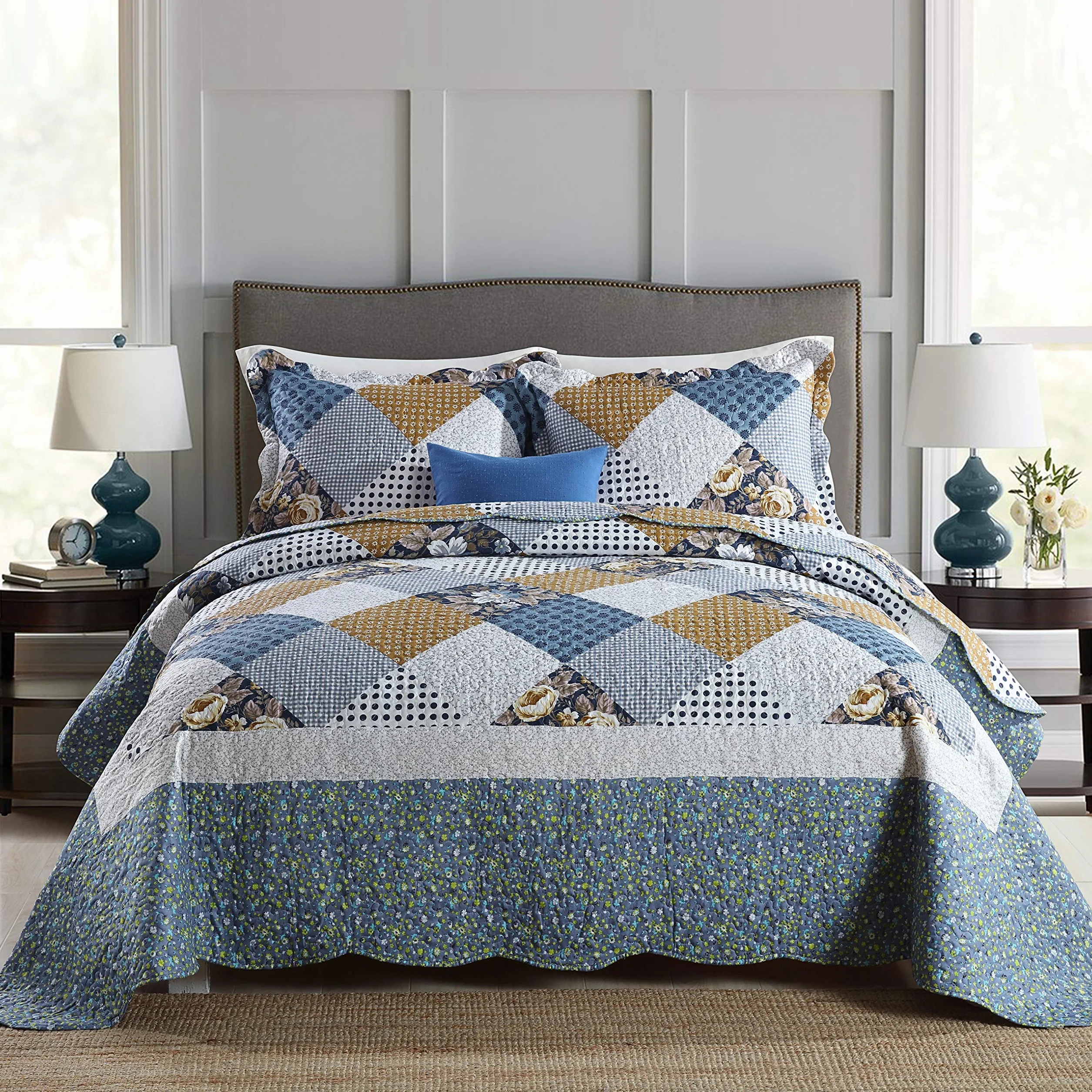 Travan Juego de Colcha de 3 Piezas para Cama King con Retazos Florales de Gran tamaño Acolchado para Todas Las Estaciones