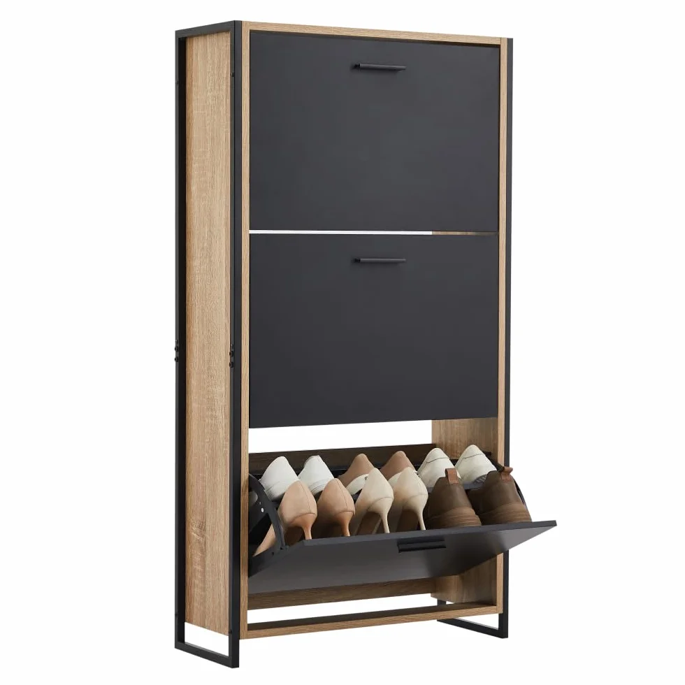 CASABEL Mueble Zapatero 18 Pares, 3 abatibles, Mueble Zapatero de Entrada con Estructura metálica Reforzada Negro, abatibles Madera Clara, instalación rápida, 23,5x63x119cm