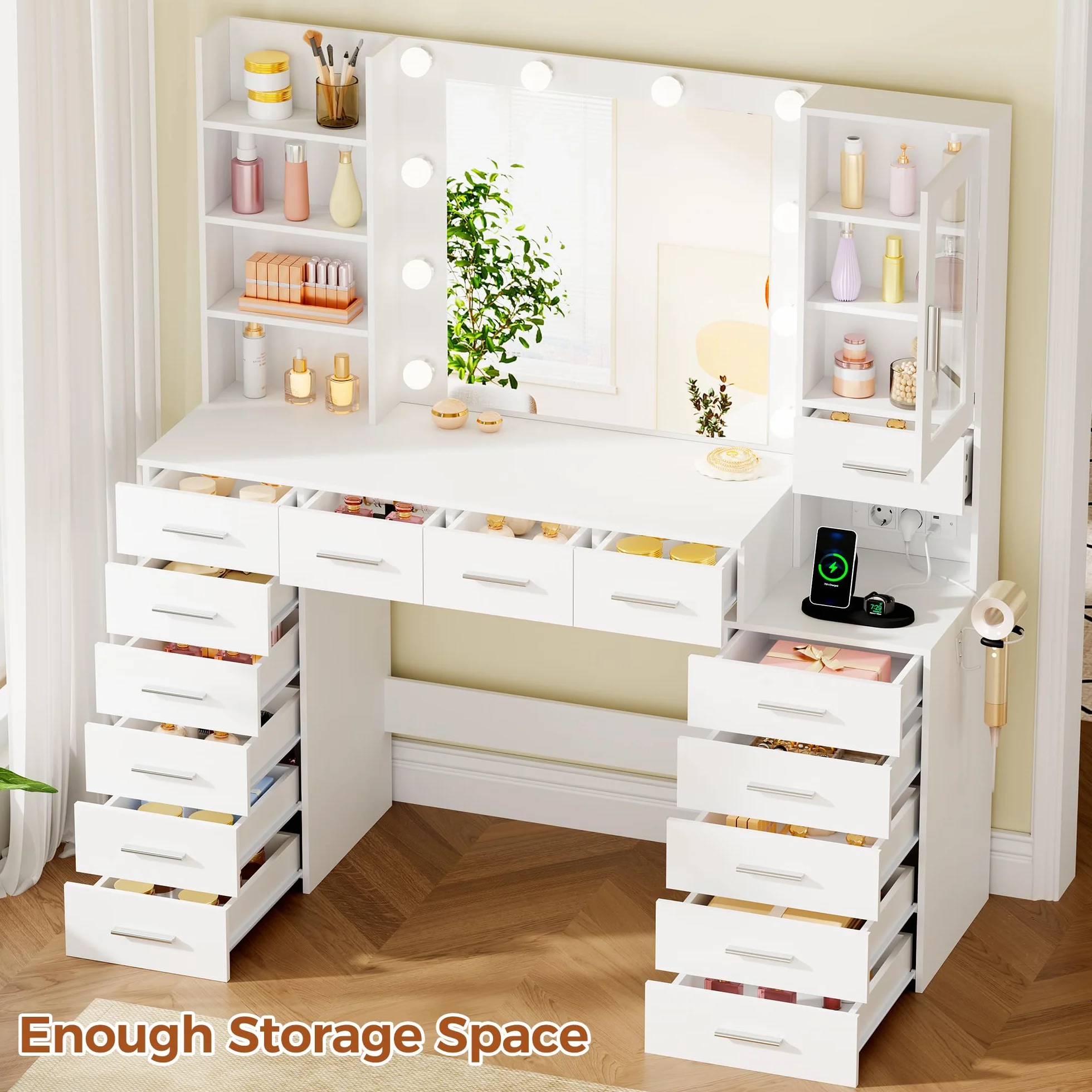 ANWBROAD Grande Tocador con luz LED, Brillo Regulable,Tocador de Maquillaje con Espejo y Enchufes, Mesa de Maquillaje con 15 cajones y 7 Estantes Abiertos para Dormitorio,Blanco Moderno BDT37W
