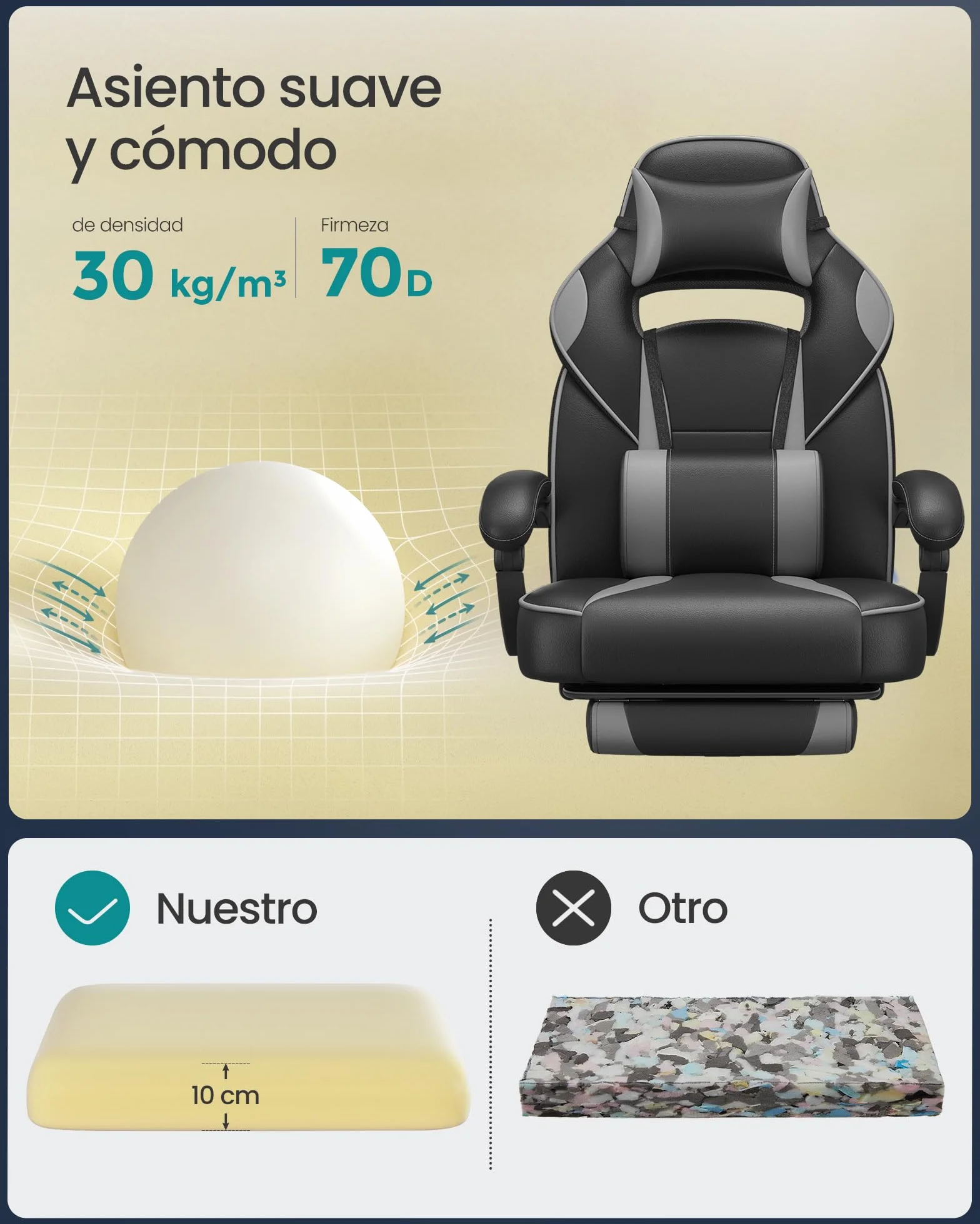 SONGMICS Silla de Oficina, Silla Gaming Ergonómica, con Reposapiés Telescópico, Respaldo Ajustable, Reposacabezas y Soporte Lumbar, Carga de 150 kg, Negro Tinta y Gris Paloma OBG073B03