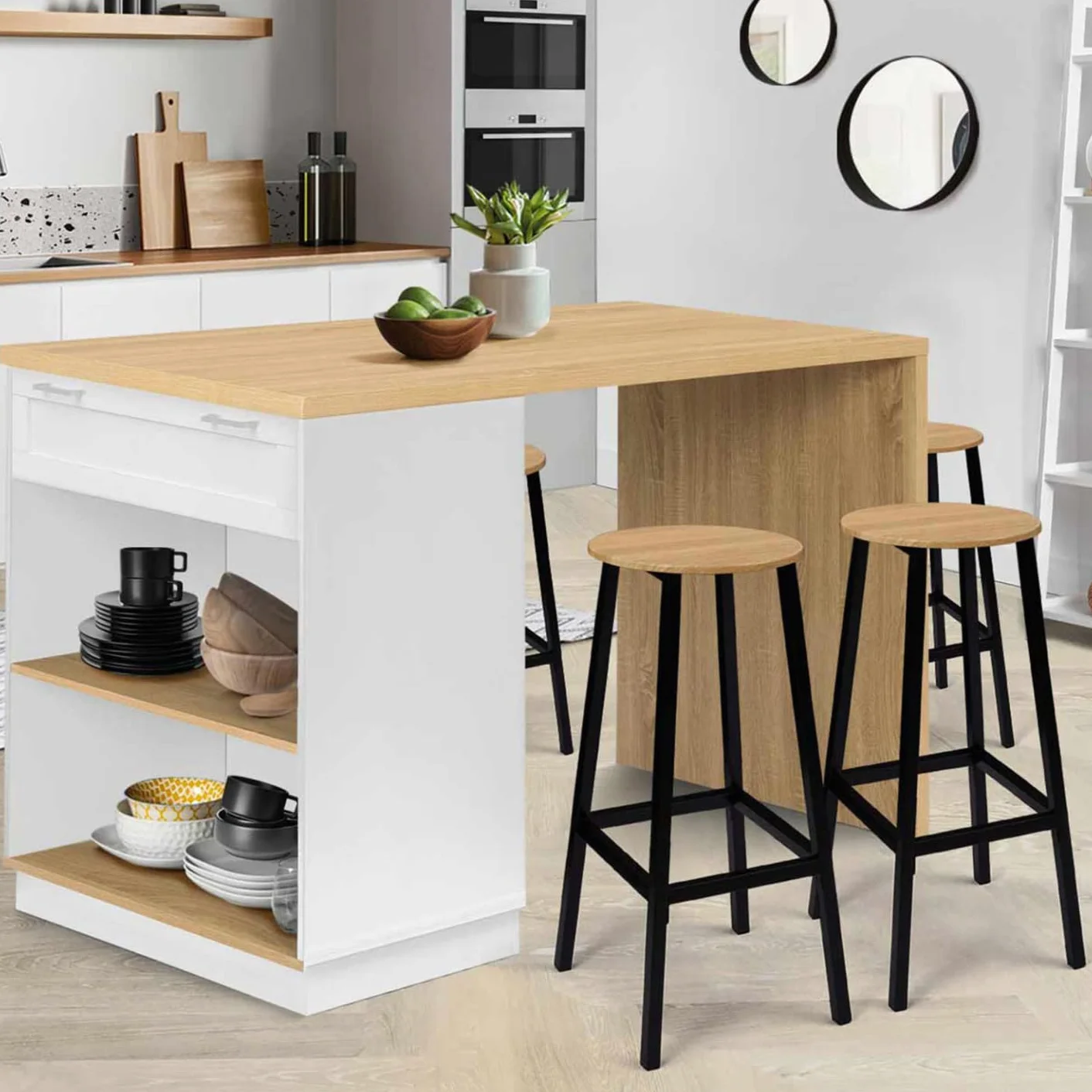 IDMarket - Isla Central Mesa Alta 4 Personas VITO 130 cm Blanco y Encimera de Madera