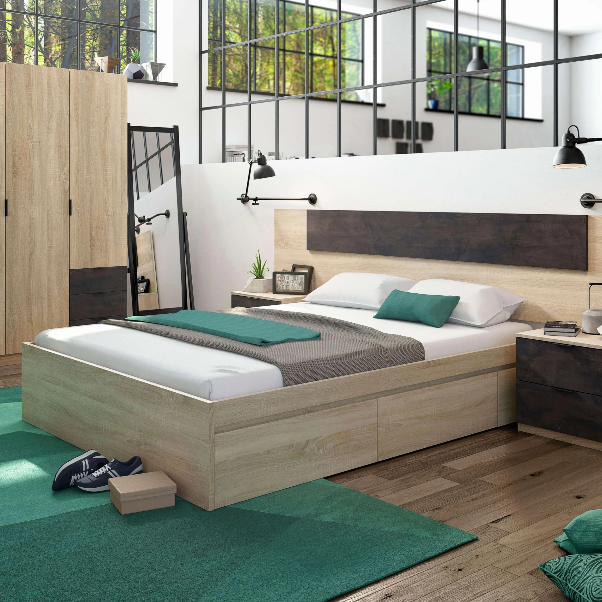 Miroytengo Cama de Matrimonio con 4 cajones Estilo Nórdico Color Roble Canadian 150x190 cm