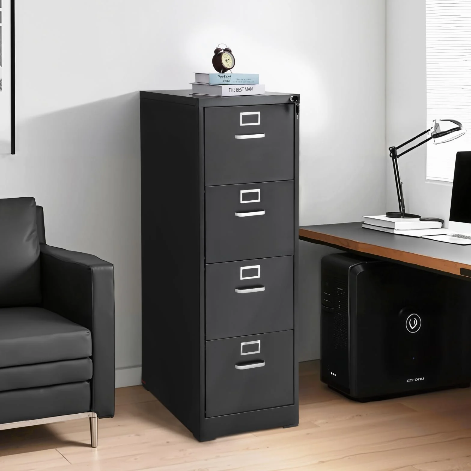 VEVOR Archivador Vertical de Metal, Archivador Vertical 450 x 620 x 1340 mm de 4 Cajones con Cerradura, Barra de Suspensión Desmontable para Archivos de Tamaño A4/Carta/Legal para Oficina, Negro