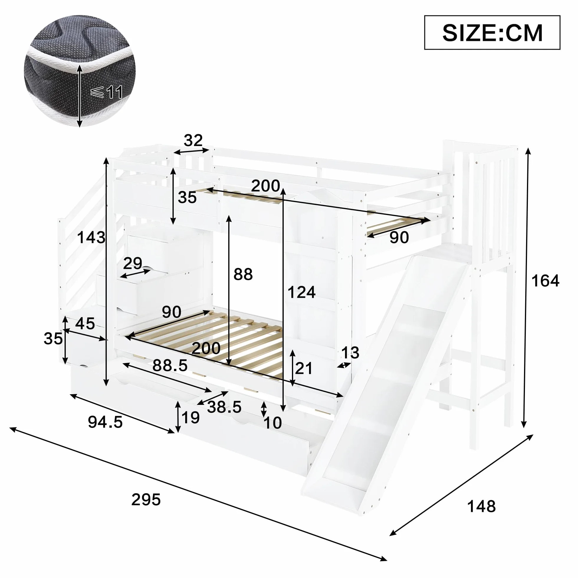 Litera, cuna, con estante para libros, dos cajones con ruedas y tobogán infantil, armario de almacenamiento para escaleras, pino + MDF + madera contrachapada, blanco, 90 x 200 cm