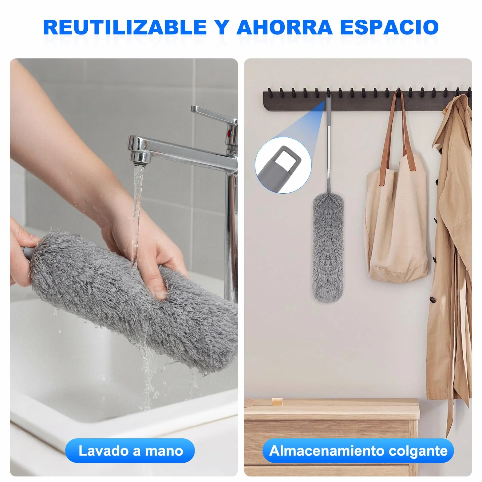 Plumero con Poste Telescópico Largo, 2 Cabezales de Microfibra Lavables, Herramienta de Limpieza Extensible para el Hogar