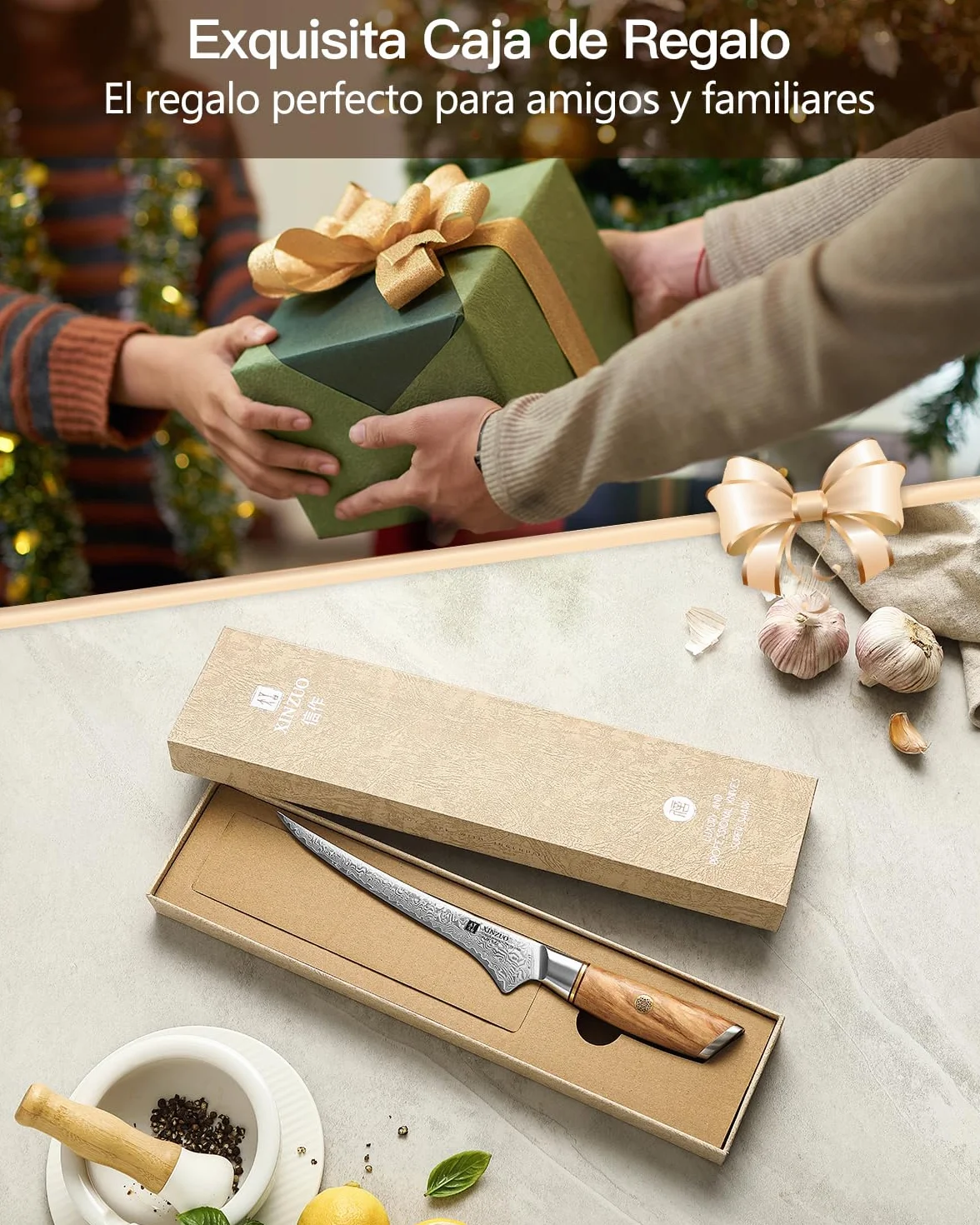 XINZUO Cuchillo de Filete 17,8cm Acero Damasco 73 Capas Mango Olivo