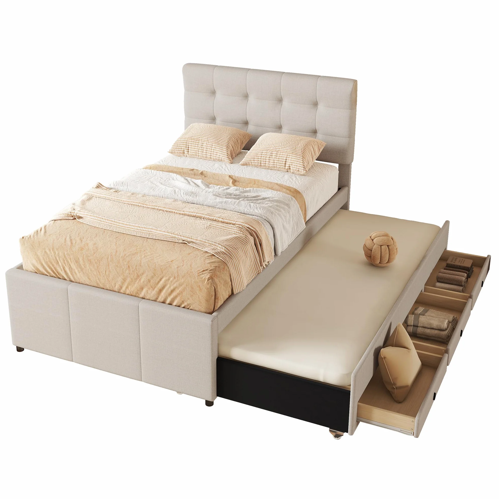 Cama Tapizada 90x200 cm con Cama Nido 90x190, Cama Infantil con 3 Cajones, Camas Juveniles con Cabecero Ajustable, Estructura de Cama Individual con Láminas de Madera, Lino, Beige, Sin Colchón