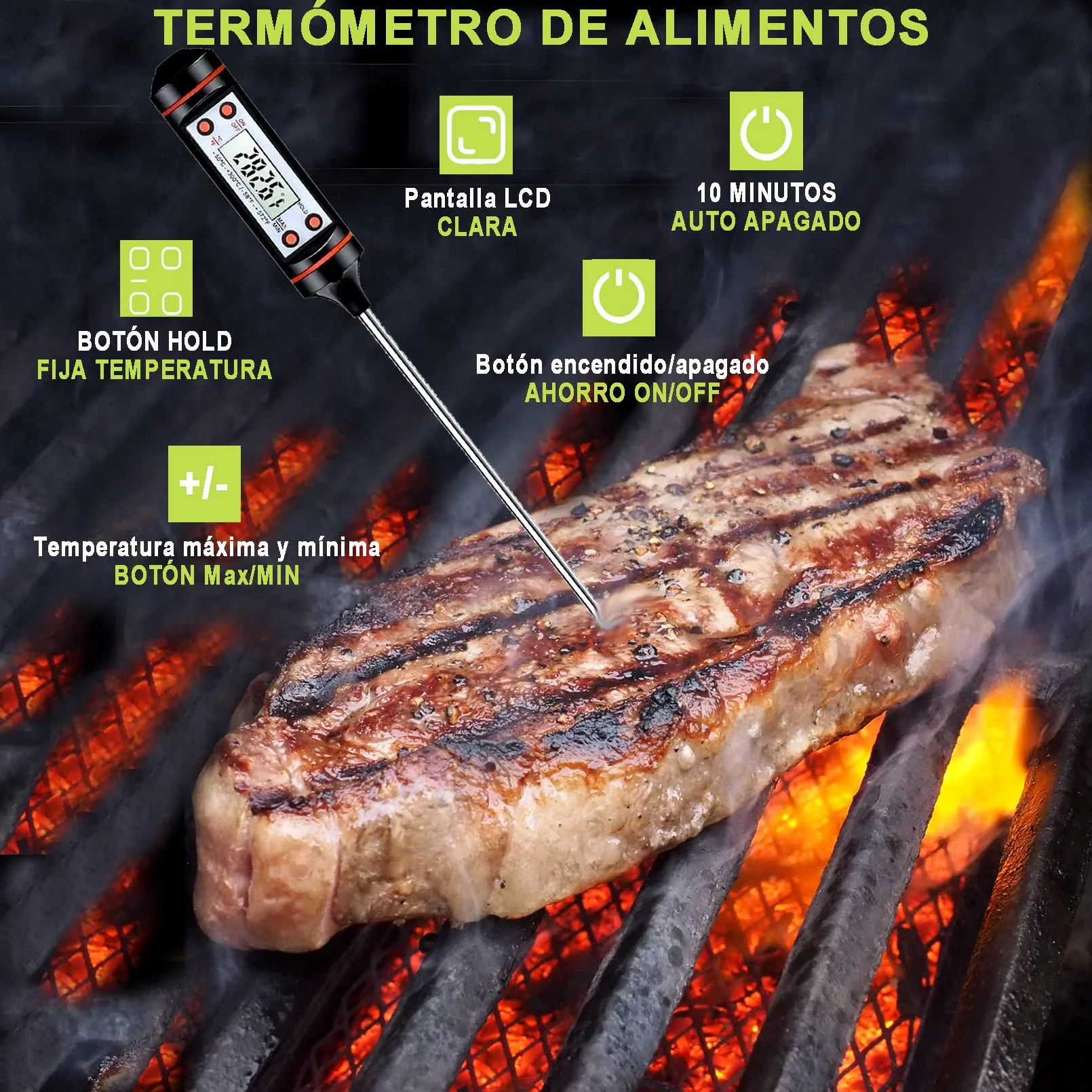 SUPER Termómetro cocina digital PREMIUM | Carne Agua Líquidos Barbacoa Alimentos Horno Aceite BBQ