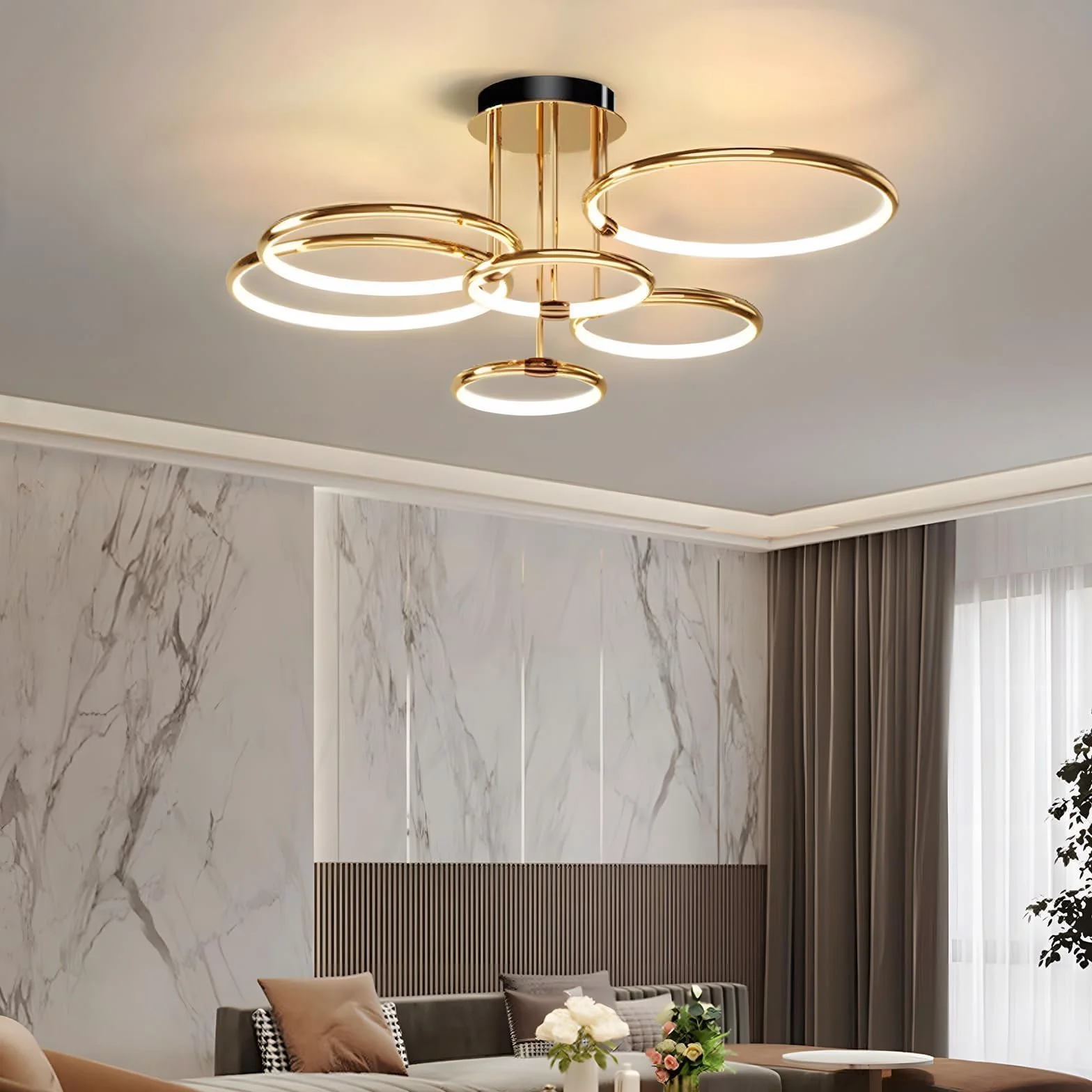 6 Anillos Redondos Lámpara De Techo Led Dorada Diseño, Candelabro De Ø105cm | 145W Regulable Forma Continua, Colgante De Electrochapa De Metal Creativo, Lámpara Moderna Para Dormitorio, Sala De Estar