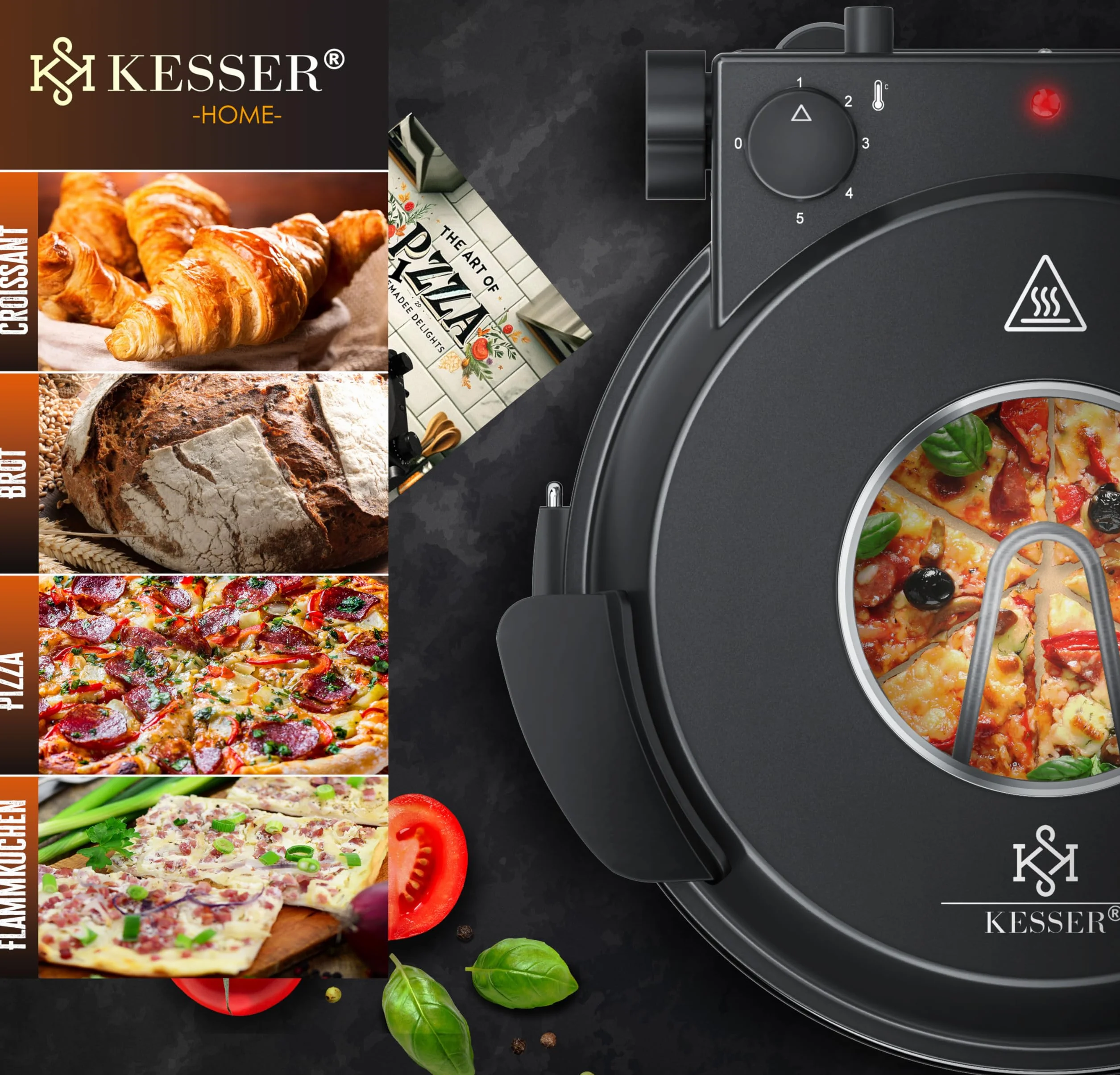 KESSER Horno eléctrico para pizza 400°C 1200W 32 cm placa piedra ignífuga temporizador 5 niveles