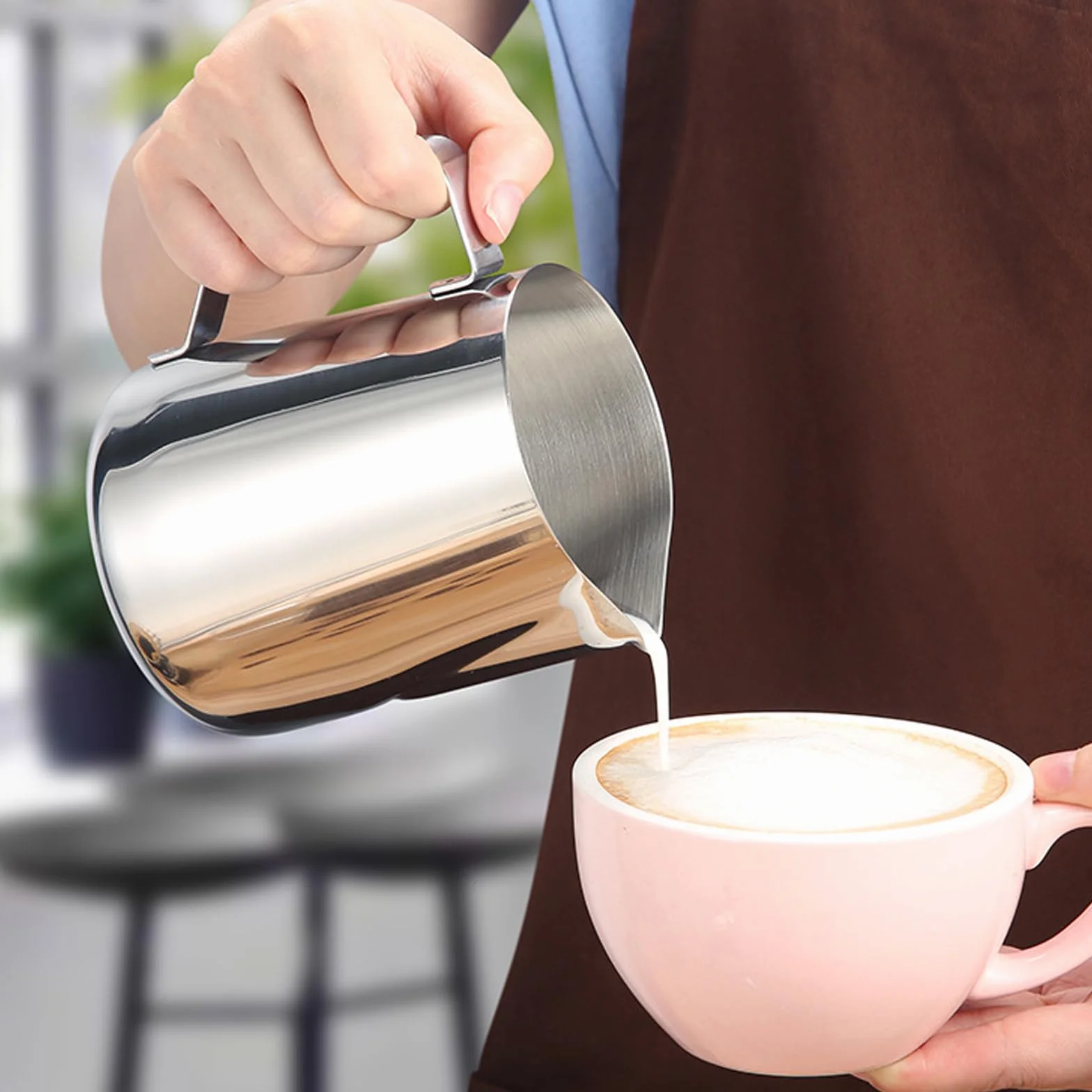 Jarra Leche Barista 350ml Acero Inoxidable Escala, Aguja Latte Art, Para Espuma Cappuccino Espresso (Plateado)