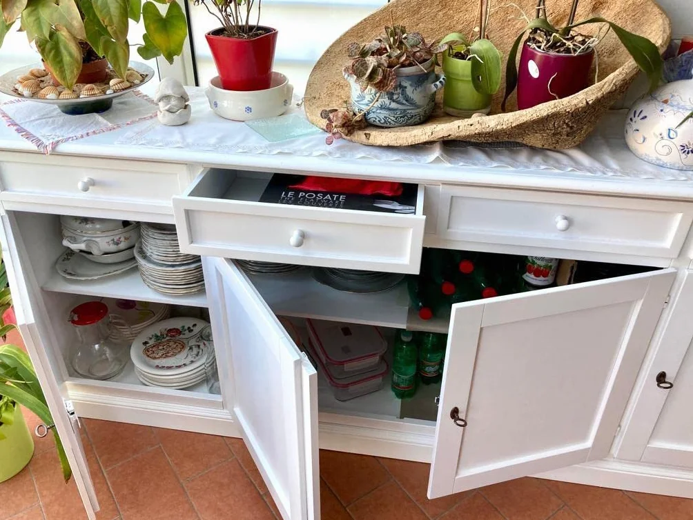 Mar.c.a. Design, Aparador Blanco, Aparador Cocina de Madera con 4 Cajones y 4 Puertas - Mueble TV Salon 205x42x86H - Mueble Salon y Cocina, Mueble TV Blanco para Varios Ambientes y Usos, Made in Italy