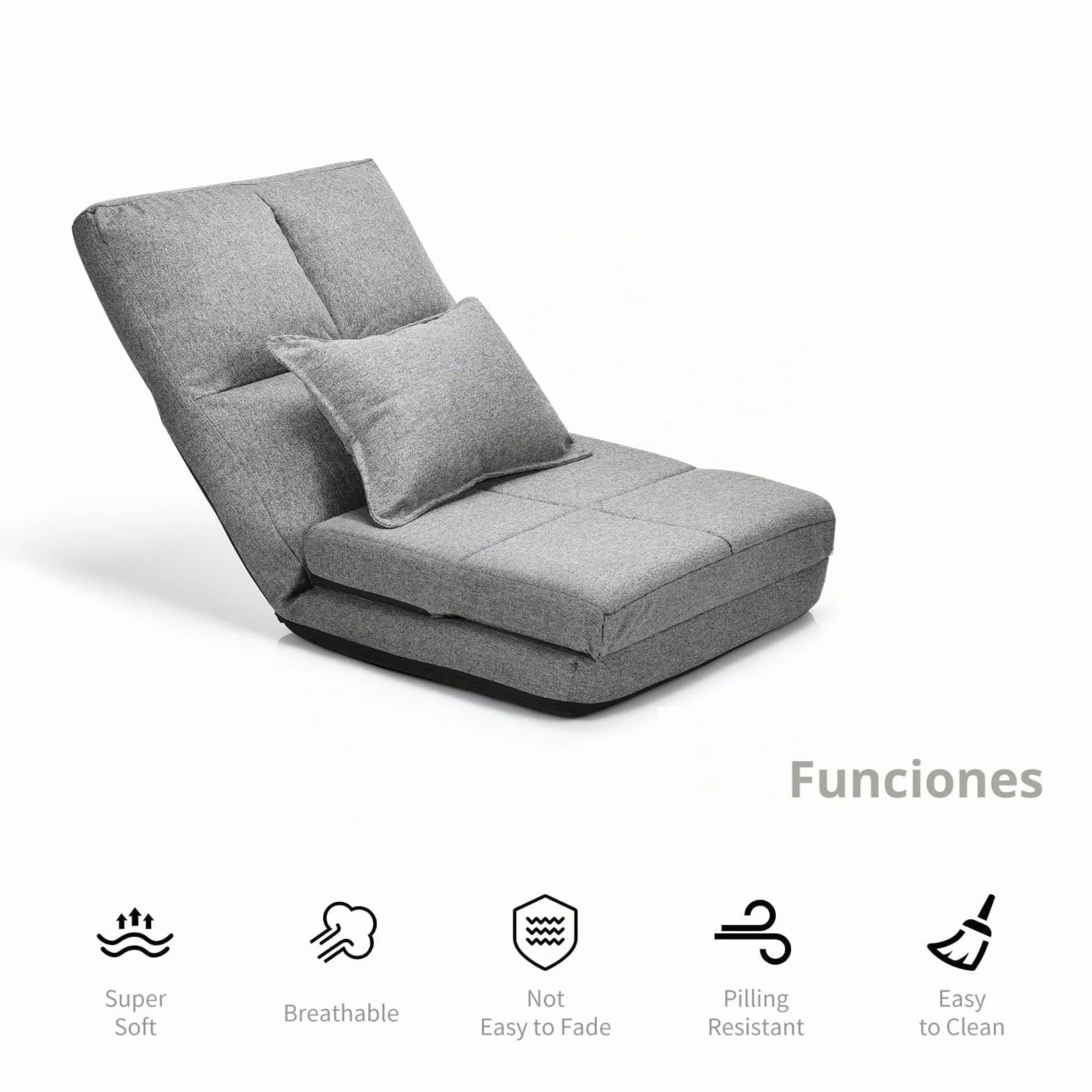 LIFEZEAL Sofá de Suelo Plegable, Silla de Piso sin instalación, sofá Perezoso Ajustable en 5 Posiciones, Silla de Suelo con cojín Lumbar para Leer, meditar en el salón (Gris)