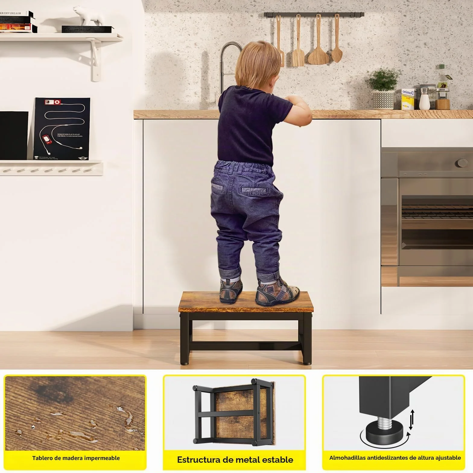 IBUYKE Taburete de Madera para Adultos Niños, Peldaño Resistente con Capacidad de 500 Lbs, Taburete de Madera Antideslizante para Camas Altas Sala de Estar Baño Cocina, Marrón Rústico TBD001H