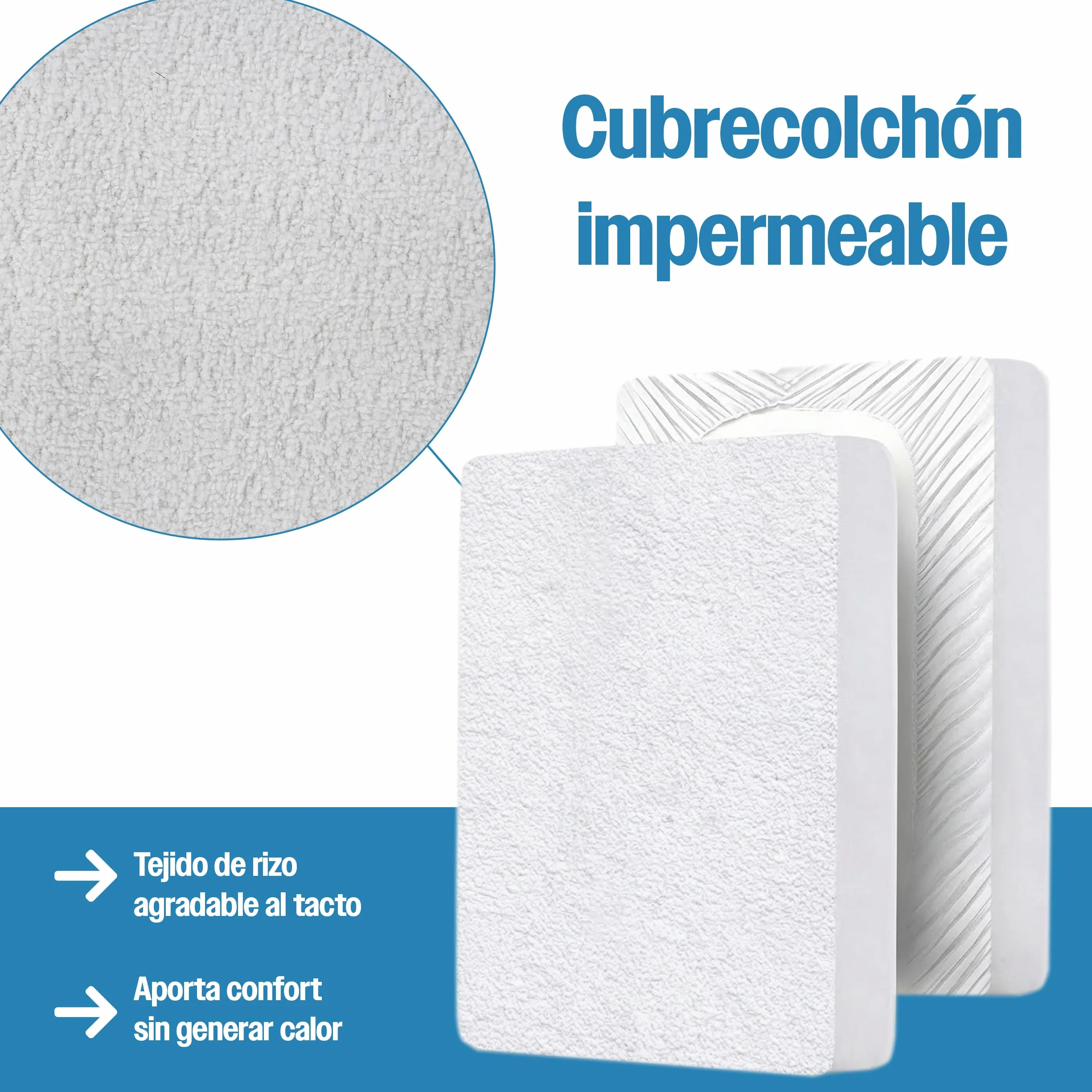 Cubrecolchón de Rizo con Capa Impermeable de TPU, Protector de Colchón Ajustable, Color Blanco, para Camas de 150 x 190/200 cm - 1 Pieza