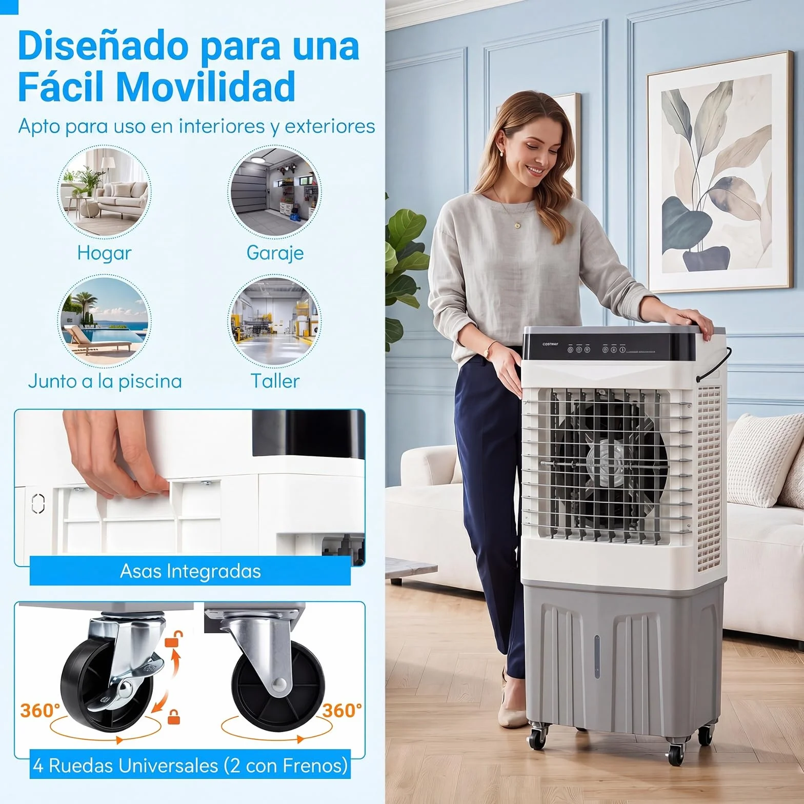 COSTWAY 3 en 1 Climatizador Evaporativo, Enfriador de Aire Portatil con 3 Velocidades, 2 Modos, 12H Temporizador, Ventilador con Ruedas, Oscilación de 70º/90° y Cubetas de Hielo (49 x 31 x 109 cm)