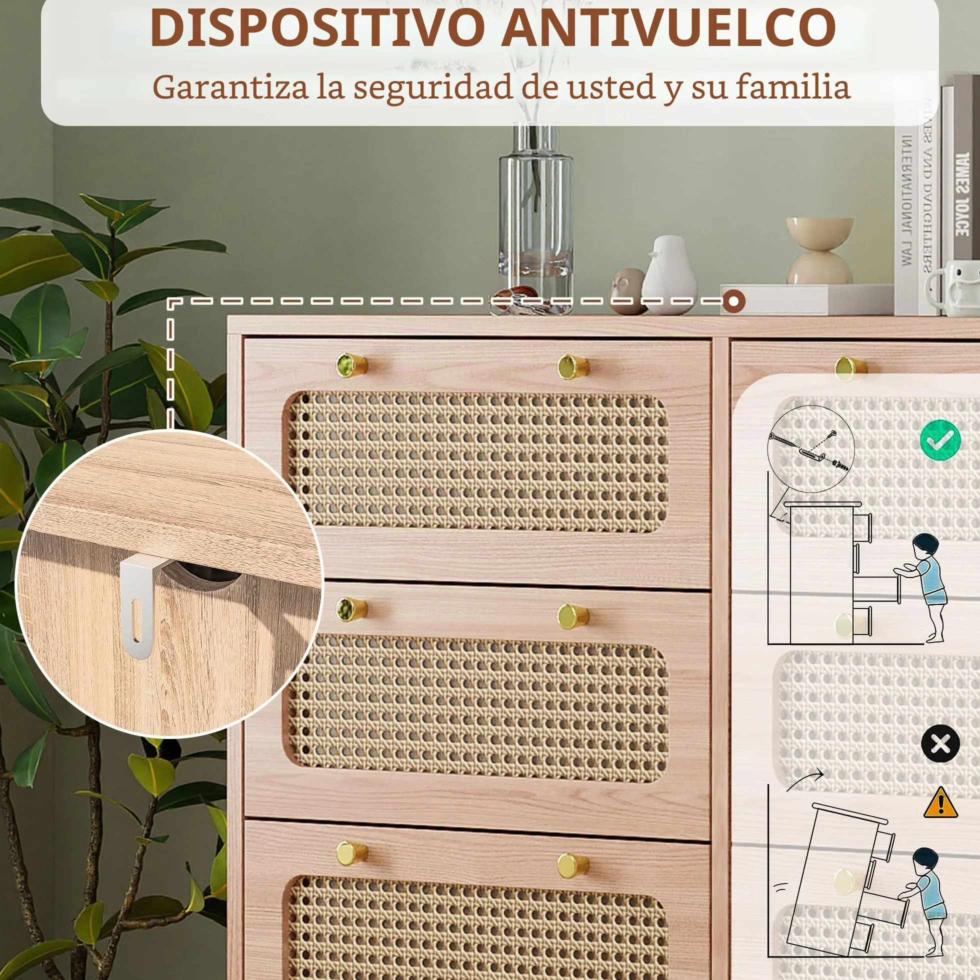 Cómoda de 6 cajones de Madera, Estilo nórdico, cómoda de Almacenamiento con Paneles de ratán, cómoda de Dormitorio Adulto, Color Madera Natural, 100x34x73 cm