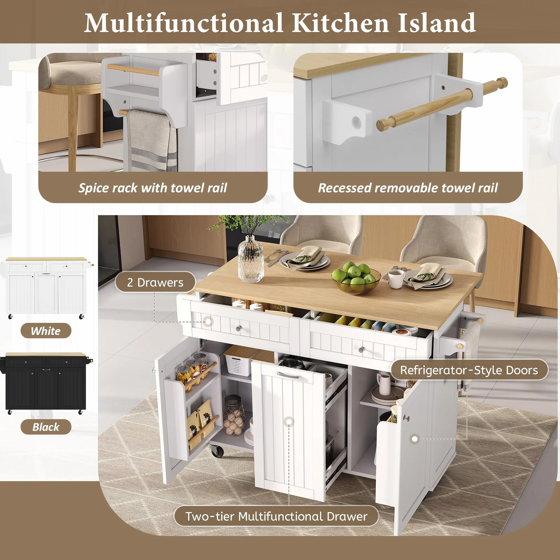 Isla de cocina con ruedas, extensible para comedor, isla de cocina con cajones multifunción, ideal para cocina y comedor (blanco)