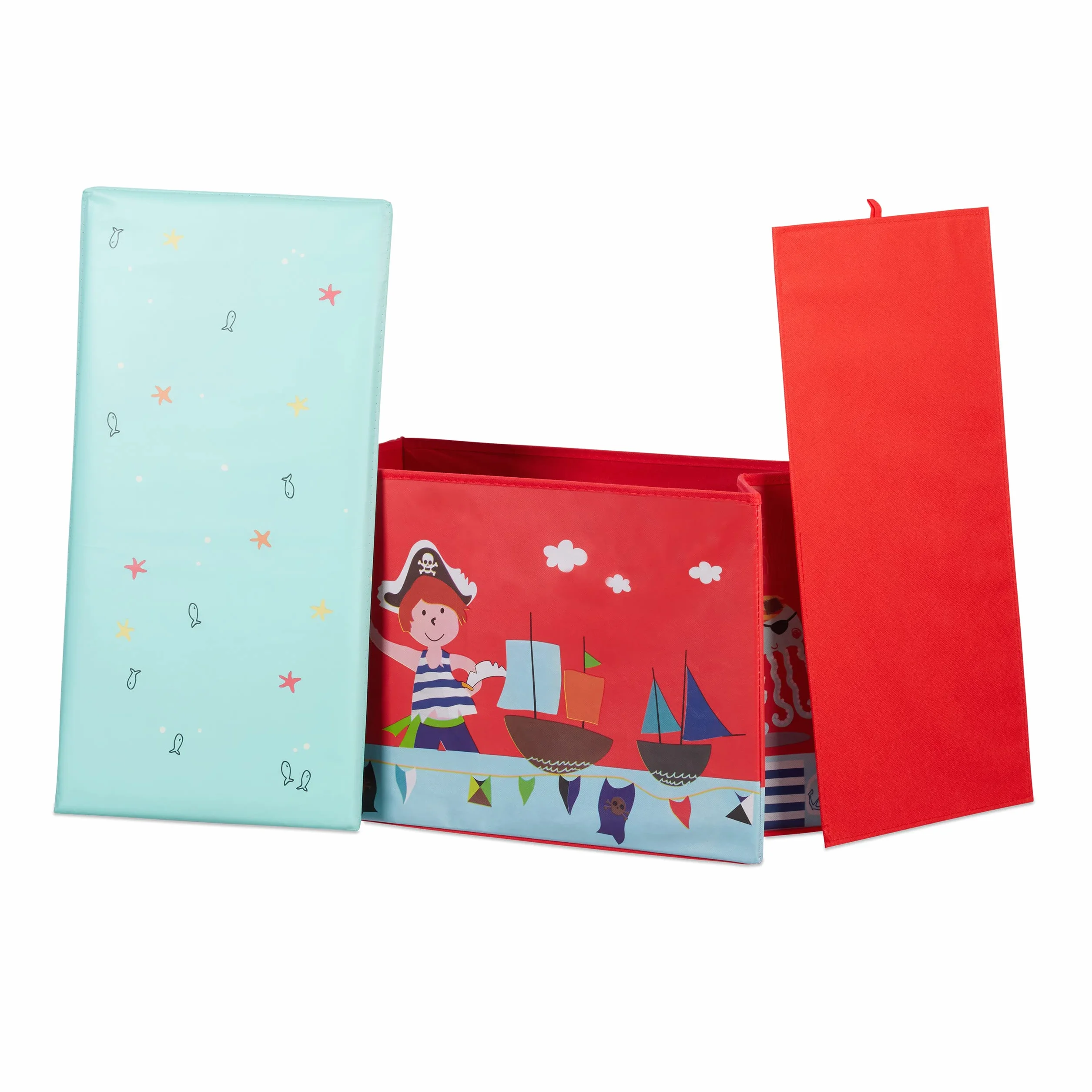 Relaxdays Baúl para Juguetes, Taburete Infantil, Plegable, para niños y niñas, Piratas, 50L, Rojo
