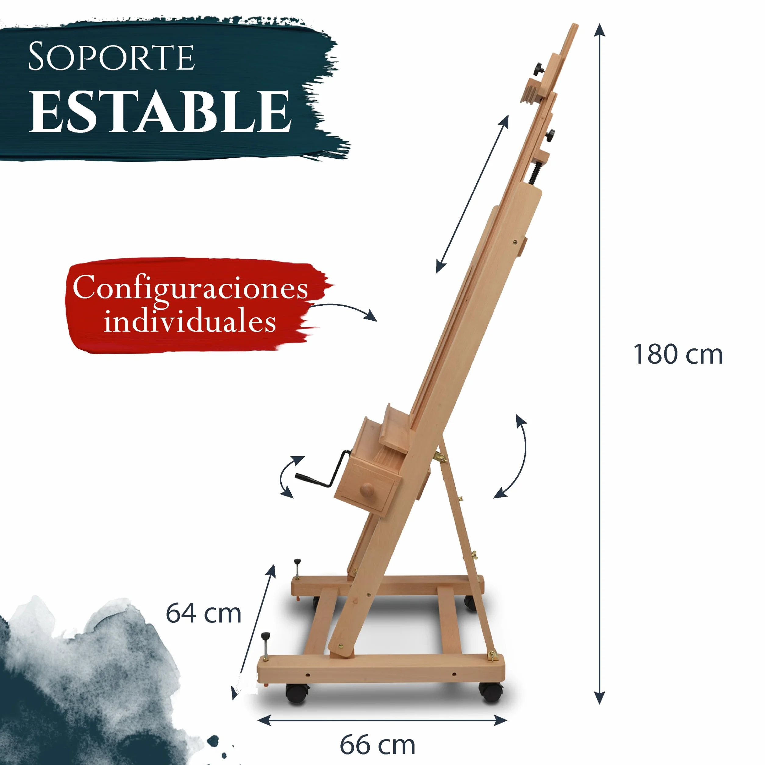 Artina Caballete de Pintura Profesional de Estudio con Ruedas Pisa - Caballete Profesional Madera Maciza de Haya - para Lienzos hasta 210cm de Altura con Cajones para Todos Sus Utensilios de Pintura