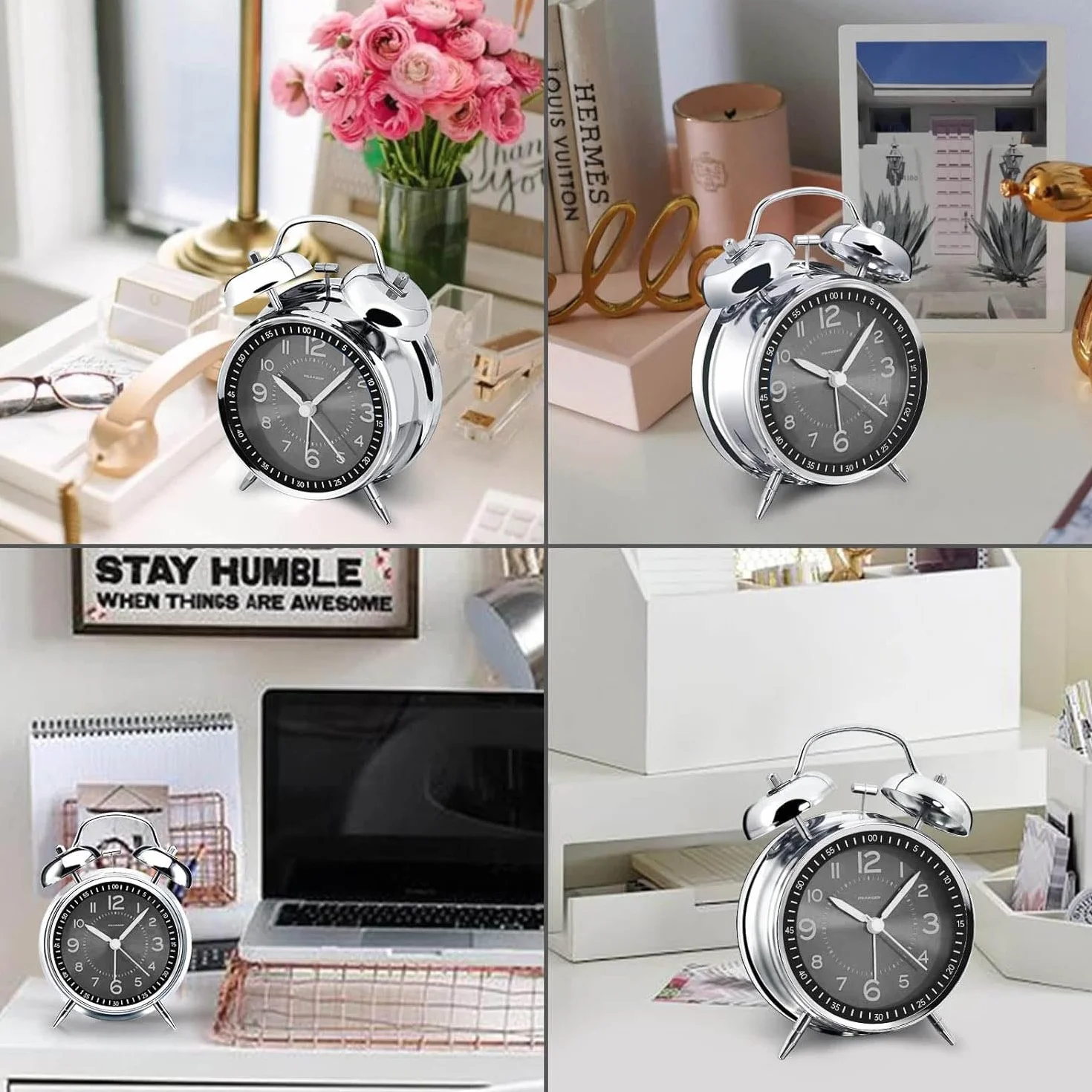 Reloj despertador fuerte metal 10,2 cm doble campanilla a pilas silencioso plateado