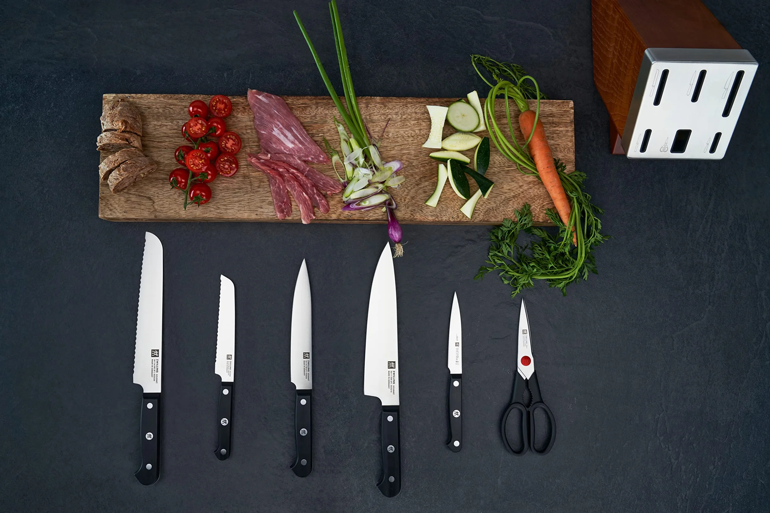 ZWILLING Bloque de cuchillos auto-afilables de 7 piezas, Bloque de madera, Cuchillos y tijeras con mango especial de acero inoxidable/plástico, Gourmet