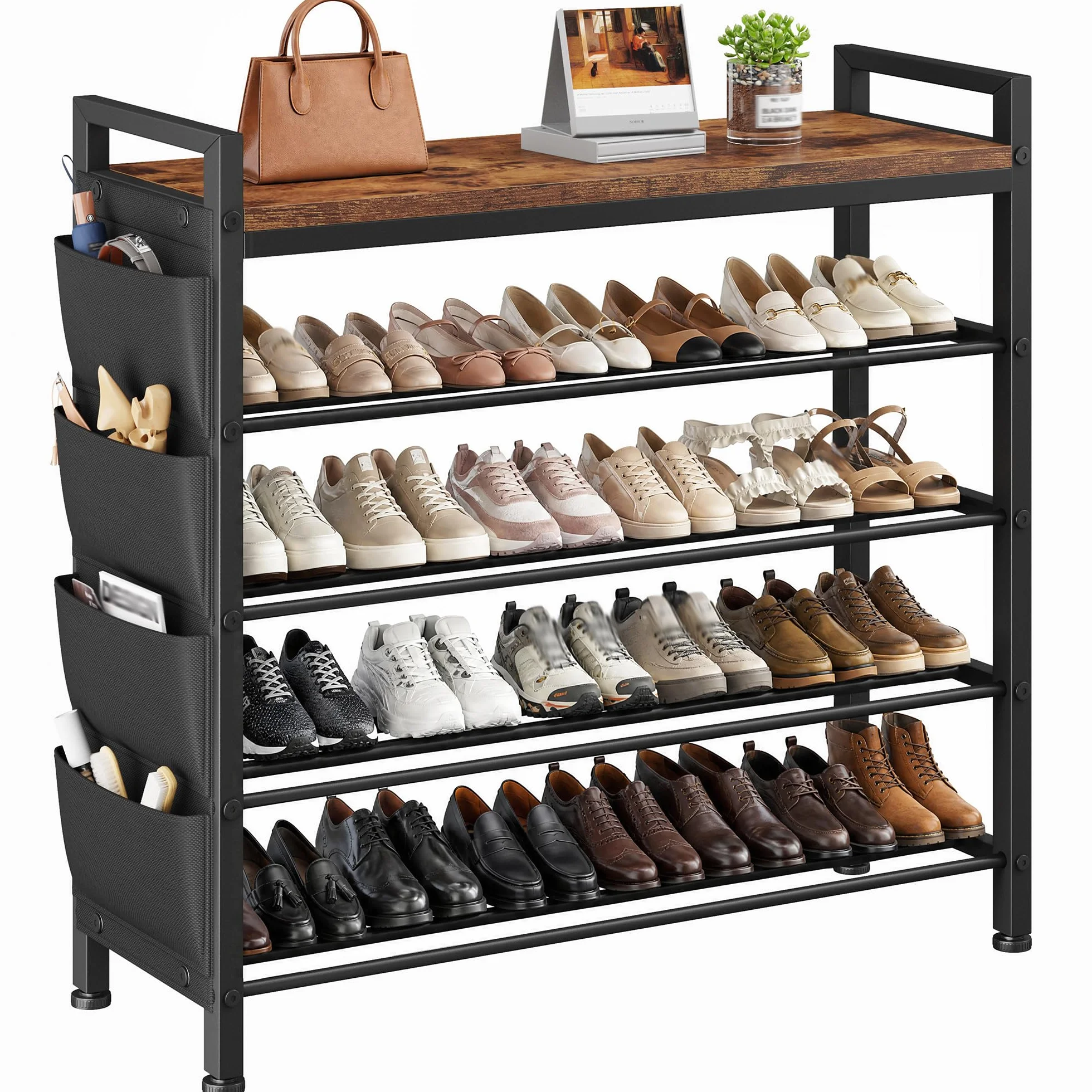 Zapatero Estrecho 5 Niveles, Zapatero metalico Madera sólido y fácil de Limpiar, Zapatero Entrada recibidor con Bolsillos Laterales, para 16-20 Pares, 30 x 76 x 96,5 cm, para Entrada y Pasillo