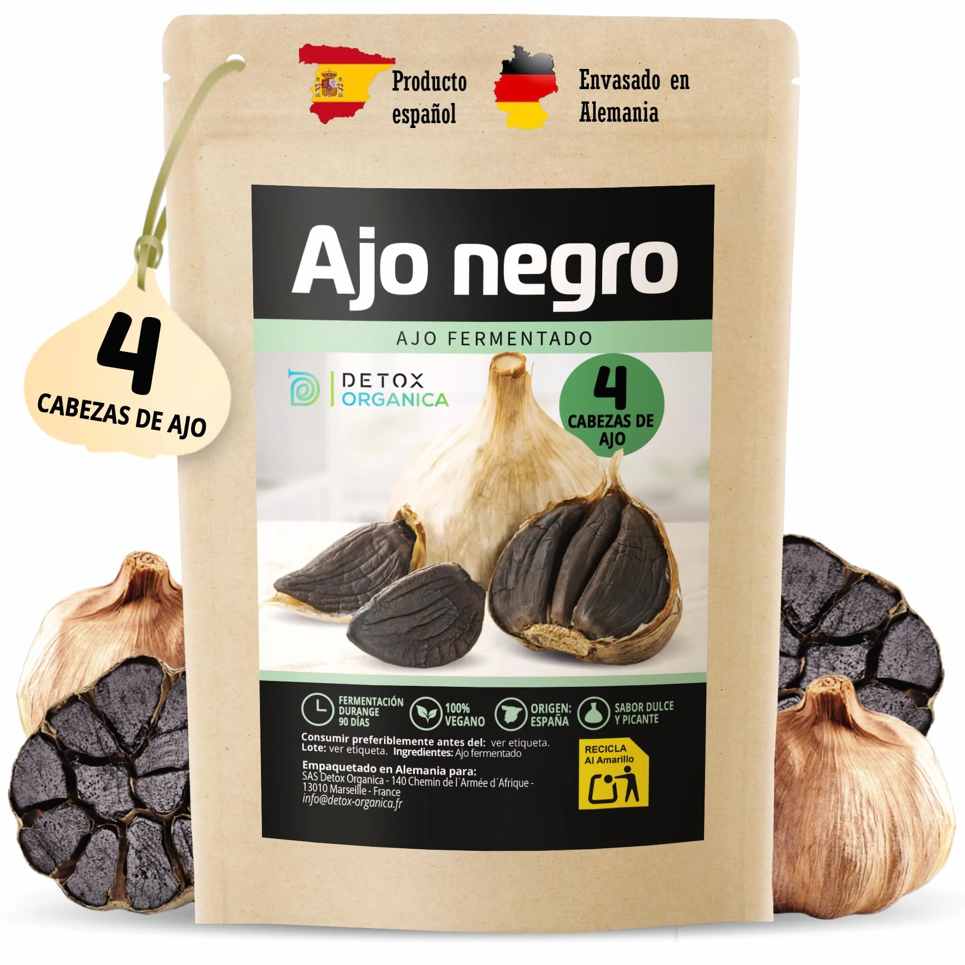 Detox Organica Ajo Negro 4 Cabezas Fermentadas Dientes Enteros Fermentación 90 Días 100% Natural Vegano