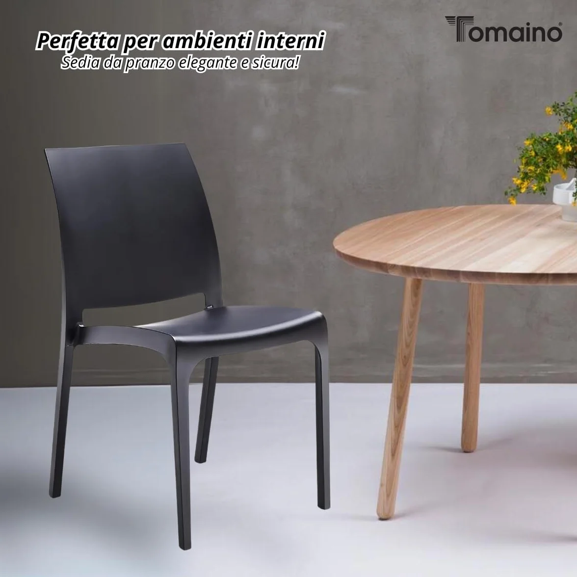 Tomaino - Silla de cocina de plástico, 6 sillas apilables de plástico con reposabrazos para exterior e interior, sillas para jardín, salón, balcón o bar, color negro