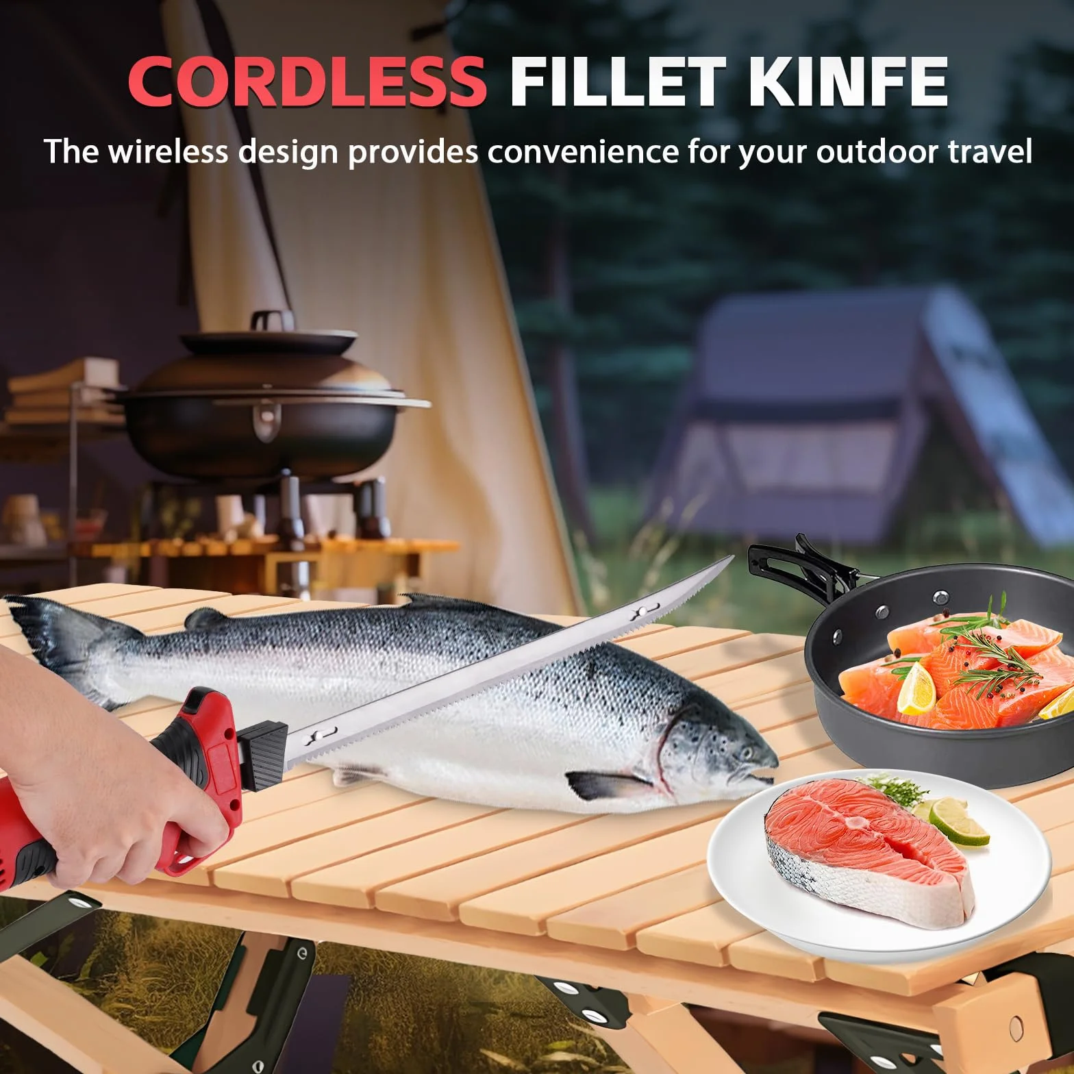 YUCHENGTECH Cuchillo de Filete Eléctrico para Pescado Cuchillo de Filete Inalámbrico con 4 Hojas, 2 Paquetes de Baterías Recargables y Estuche de Almacenamiento para Pescar, Filetear, al Aire Libre