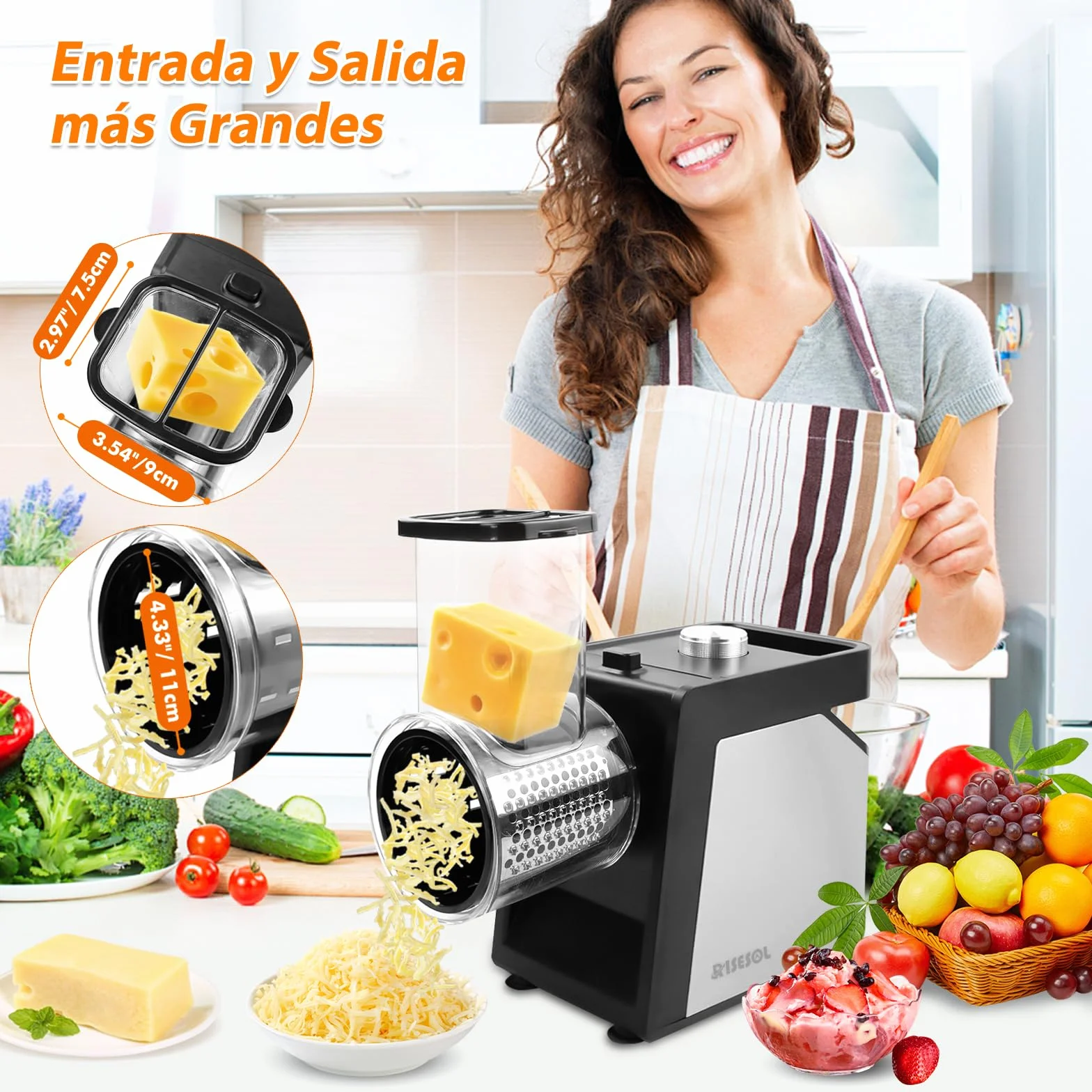 Cortador de Verduras Eléctrico 7 en 1 250W Acero Inoxidable Mandolina Multifuncional 220V Enchufe UE