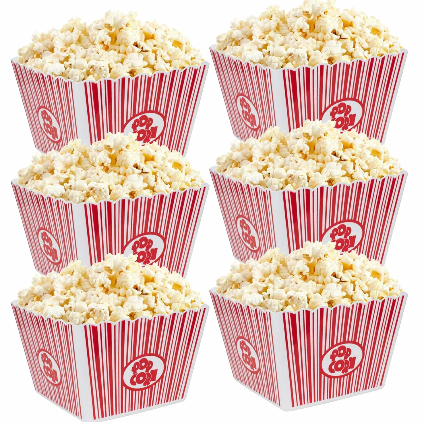 Hedume Paquete de 6 cubos de plástico para palomitas de maíz, cuenco reutilizable para palomitas de maíz, estilo cine, cajas clásicas de palomitas de maíz a rayas rojas y blancas para noche de cine