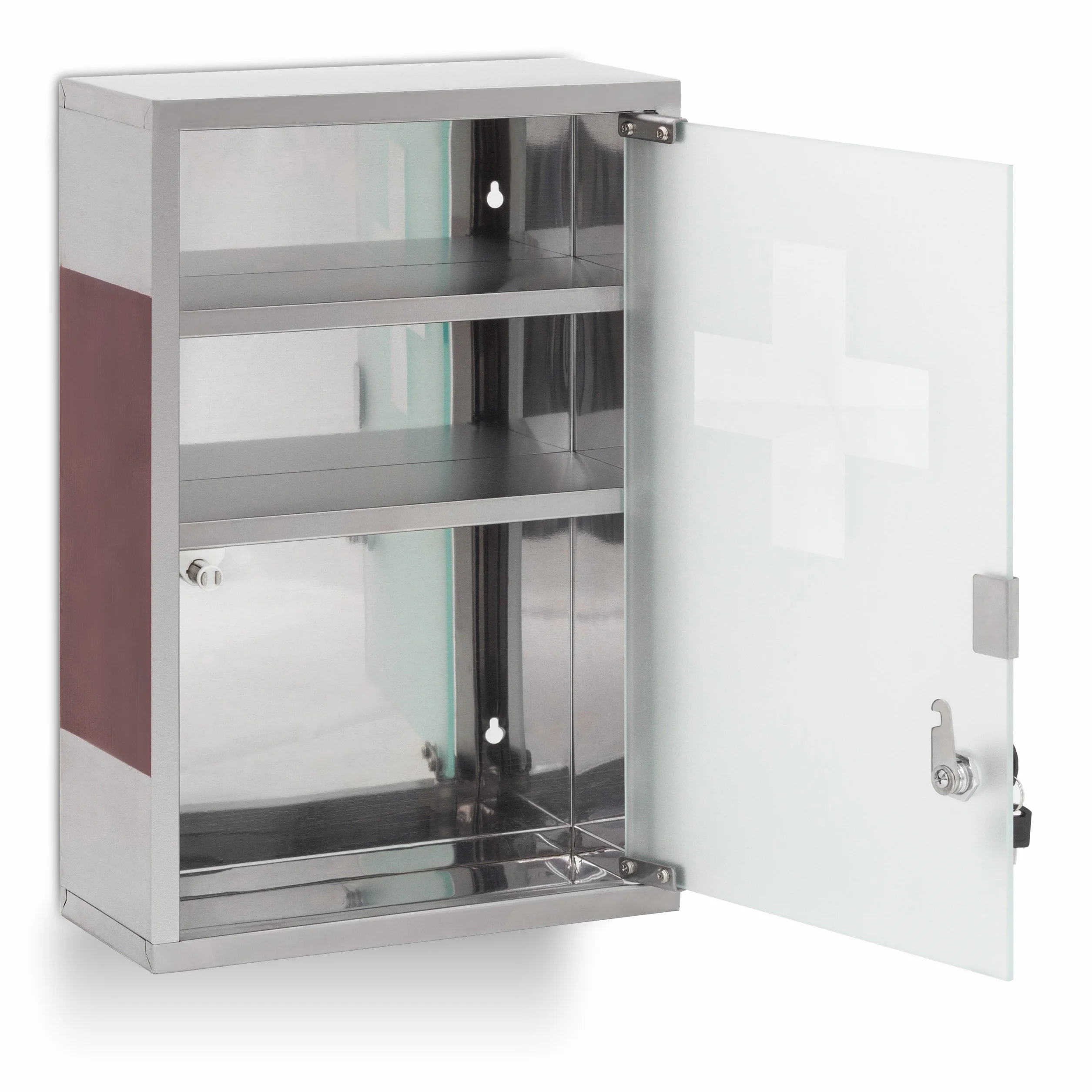 Relaxdays Botiquín Acero Inoxidable 45x30x12cm 3 Compartimentos Puerta con Llave Plateado Marrón