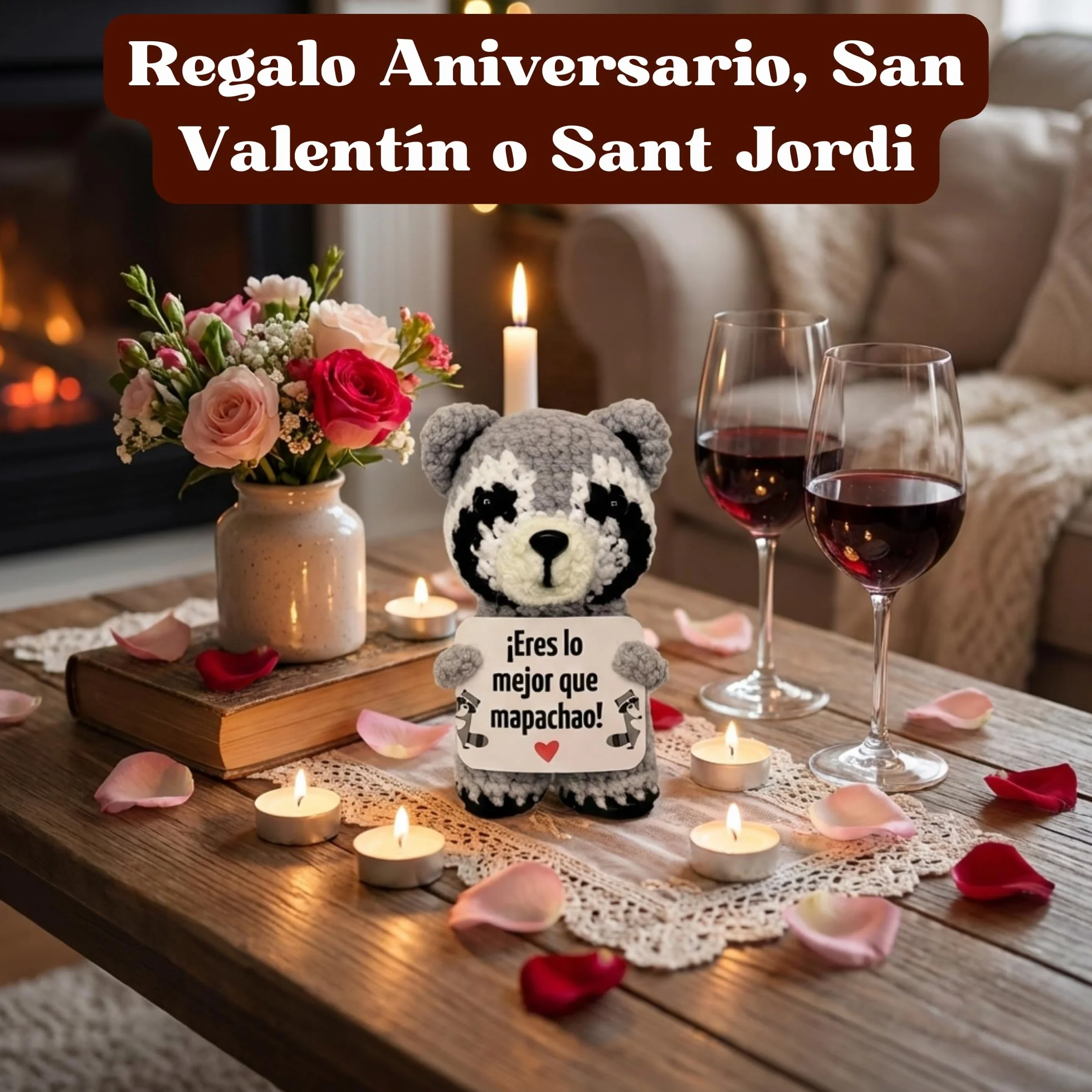 EQUIK PRODUCTS Mapache de Ganchillo – Regalo Aniversario para Pareja, Novia o Novio | Regalo Romántico y Divertido, Detalle Original de San Valentín, Cumpleaños, Sant Jordi (Mapache)