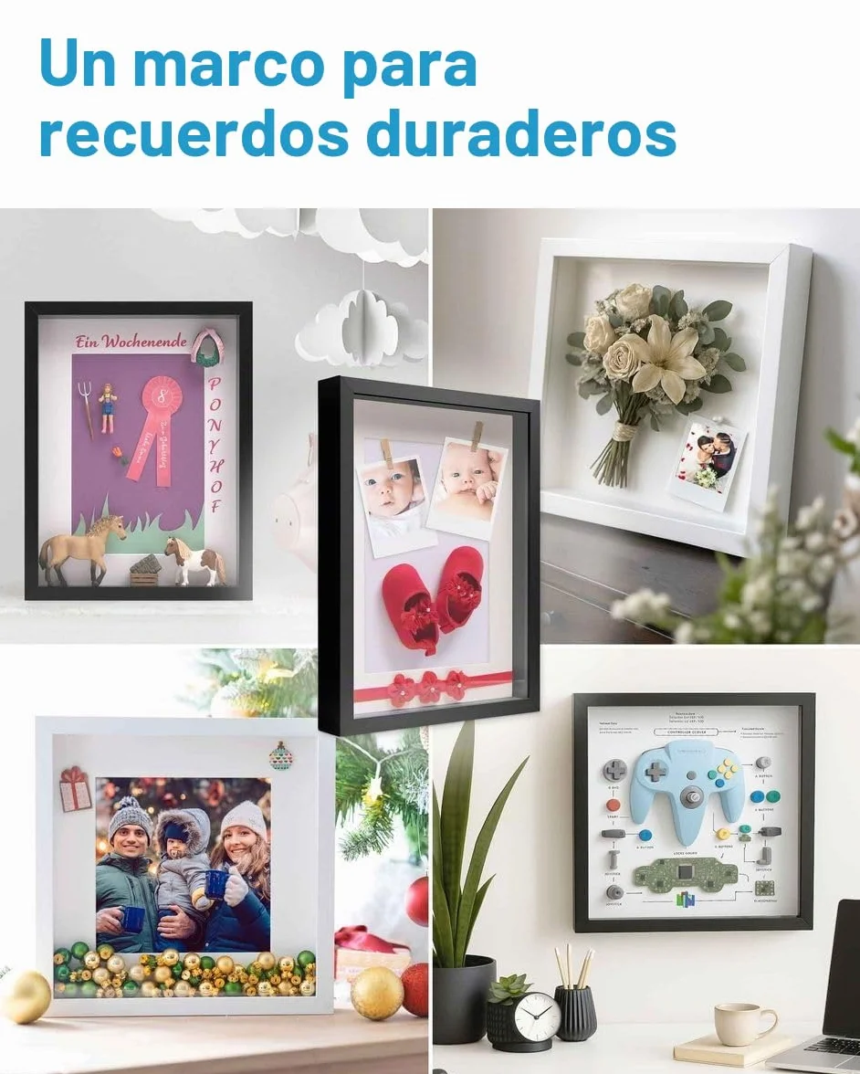 PHOTOLINI 3D Marco de fotos 40x50 cm para rellenar, blanco, marco con profundidad para objetos de hasta 3 cm, madera MDF con paspartú y cristal - para manualidades y como regalo