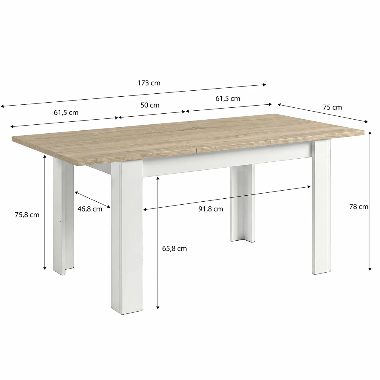 duehome | Mesa de Comedor Extensible, Mesa Rectangular, Modelo Sira, Acabado en Blanco Artik y Roble Canadian, Medidas: 123-173 cm (Largo) x 75 cm (Ancho) x 78 cm (Alto)