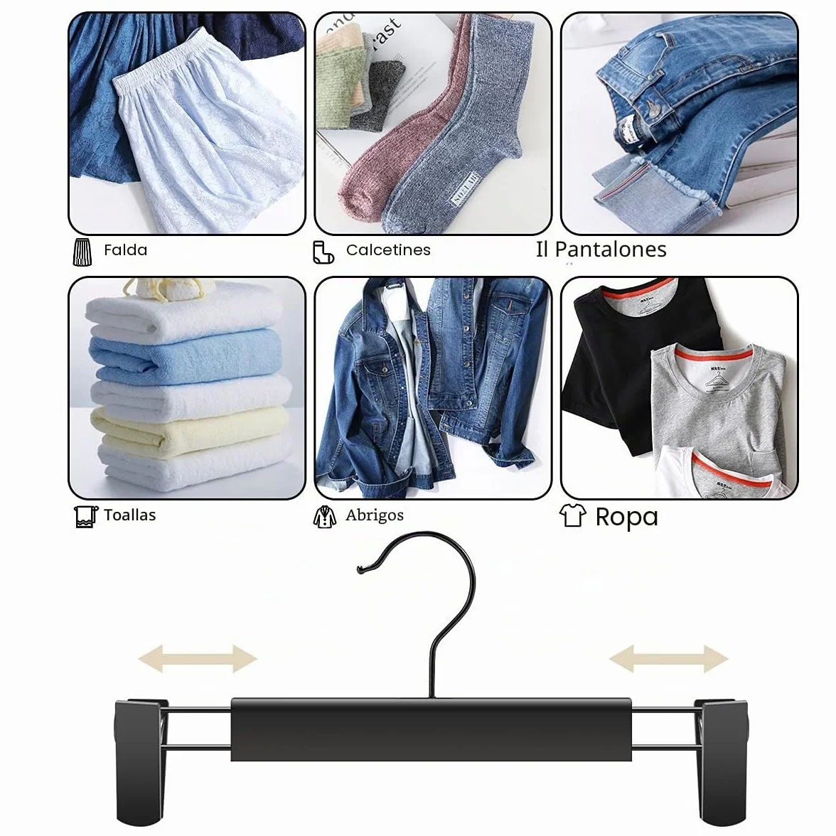 GUANJUNE Perchas para Pantalones Colgadores de Falda Ahorran Espacio Ganchos Giratorios 360° Clips Ajustables 10 Piezas Negro