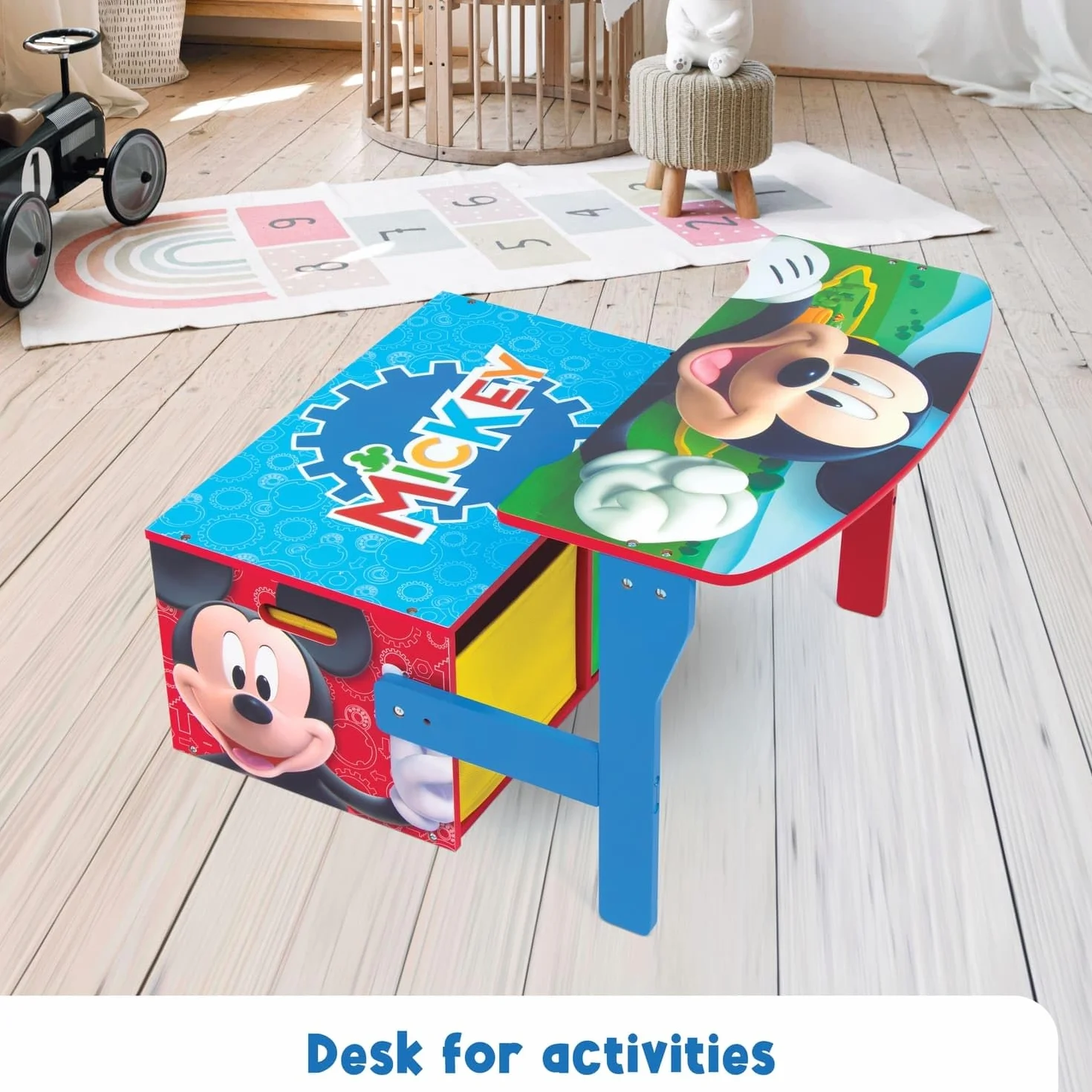 Banco pupitre infantil de madera convertible en escritorio con almacenaje inferior Mickey Mouse Disney 60x47x56cm Rojo Azul