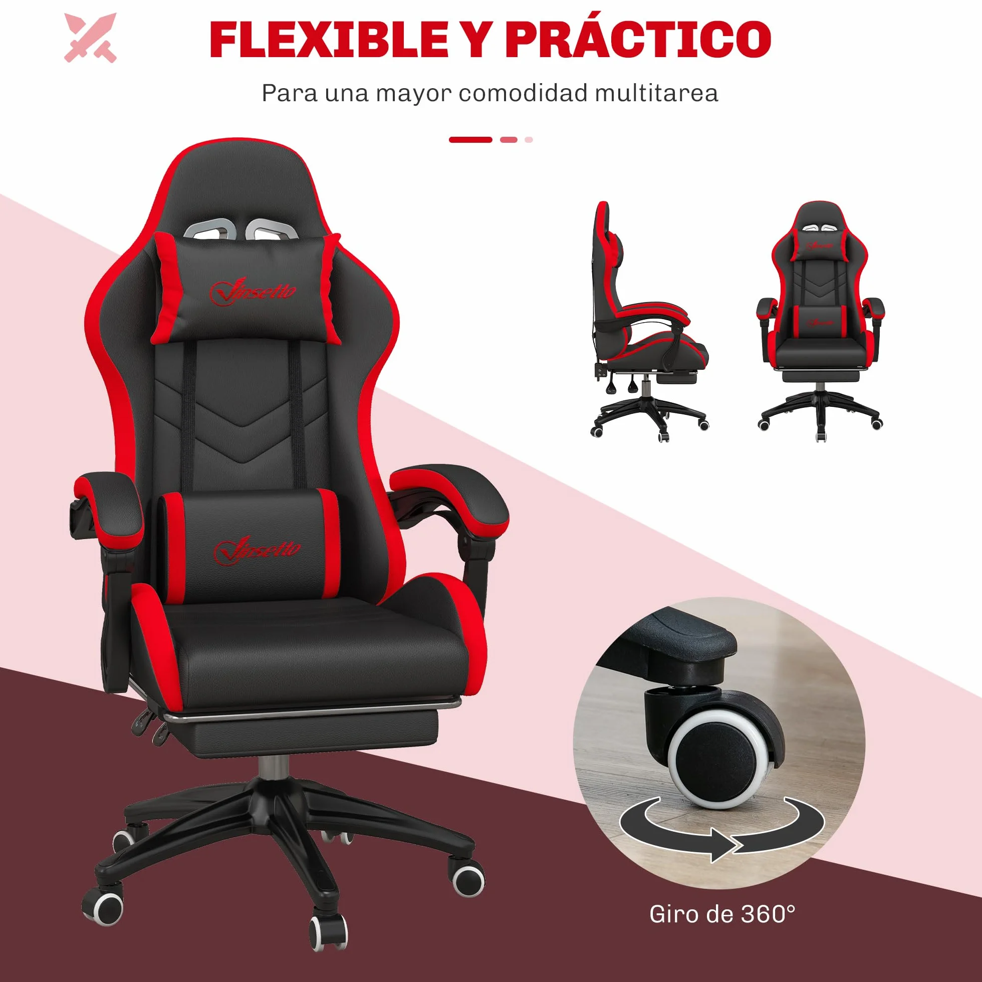 Vinsetto Silla Gaming Ergonómica de Cuero PU Reclinable 135° Soporte Lumbar Altura Ajustable Reposacabezas Reposapiés Retráctil Negro y Rojo