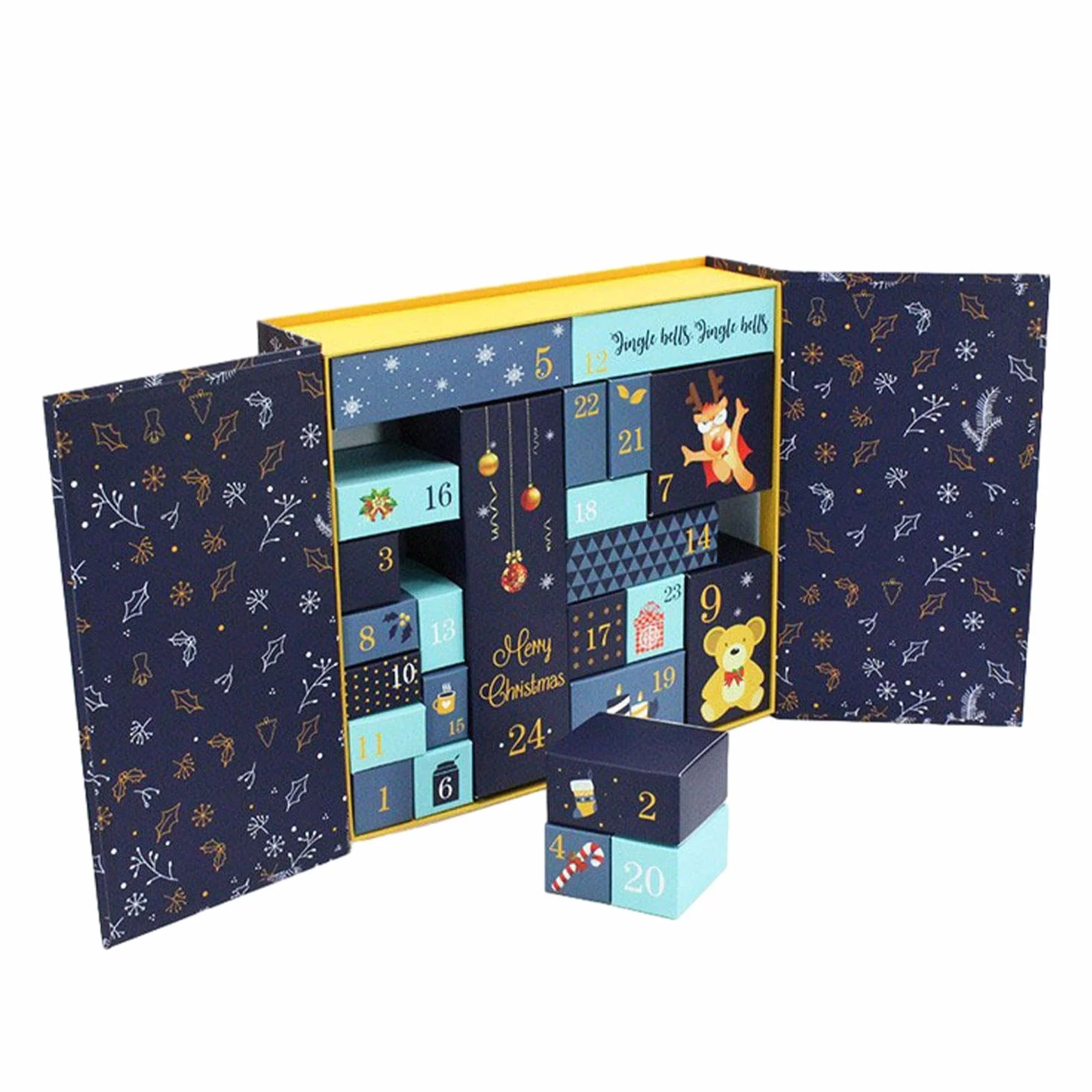 Juego de caja de calendario de cuenta regresiva de Navidad de 24 días, cajas de números de cartón vacías rellenables para niños y adultos, diversión navideña (azul)