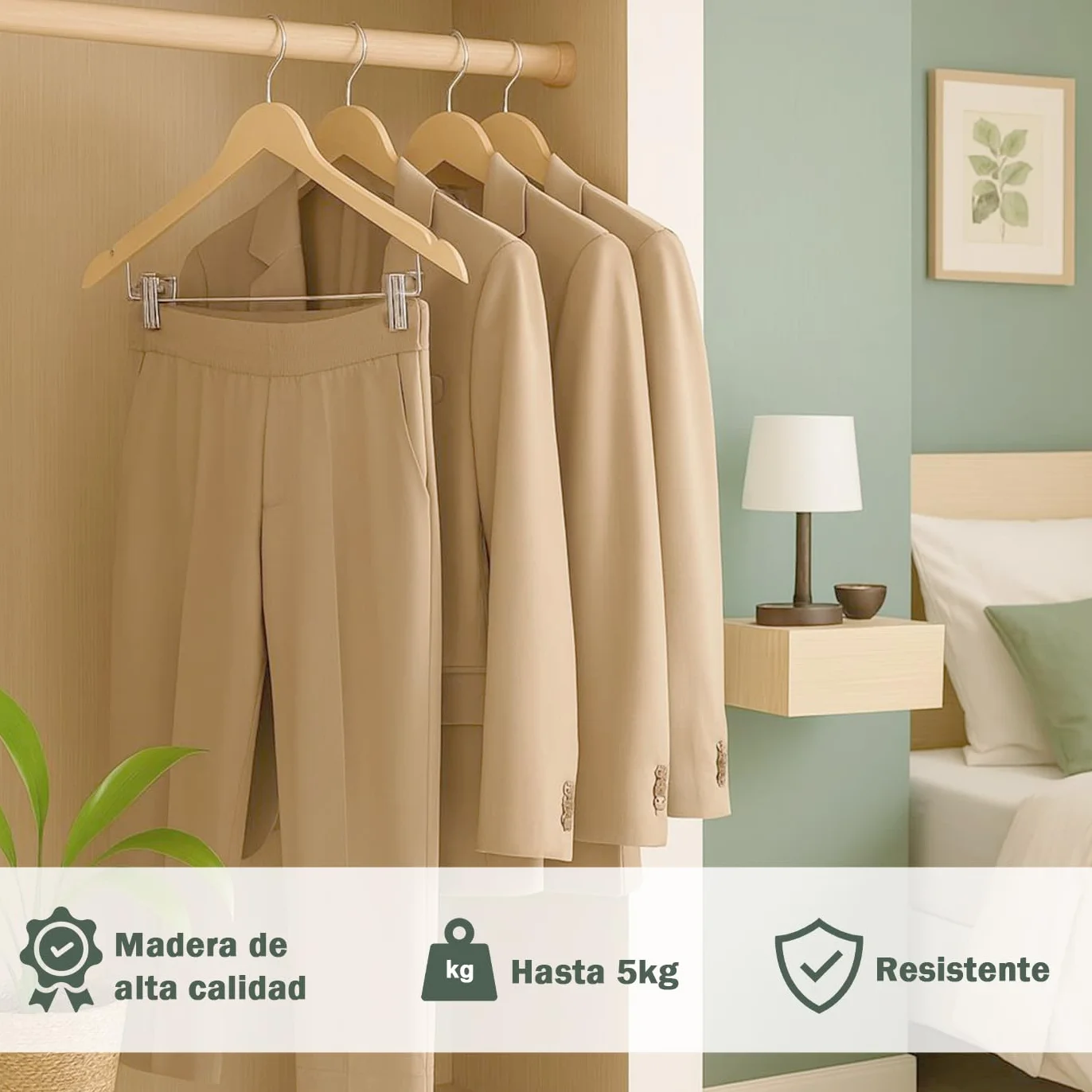 MERCURY TEXTIL - Perchas Ropa de Madera con Pinzas y Muescas Antideslizantes, Pinzas con PVC para No Dañar la Ropa, Gancho Giratorio 360°, Perchas Madera Maciza sin Astillas.(Madera, 10 Unidades)