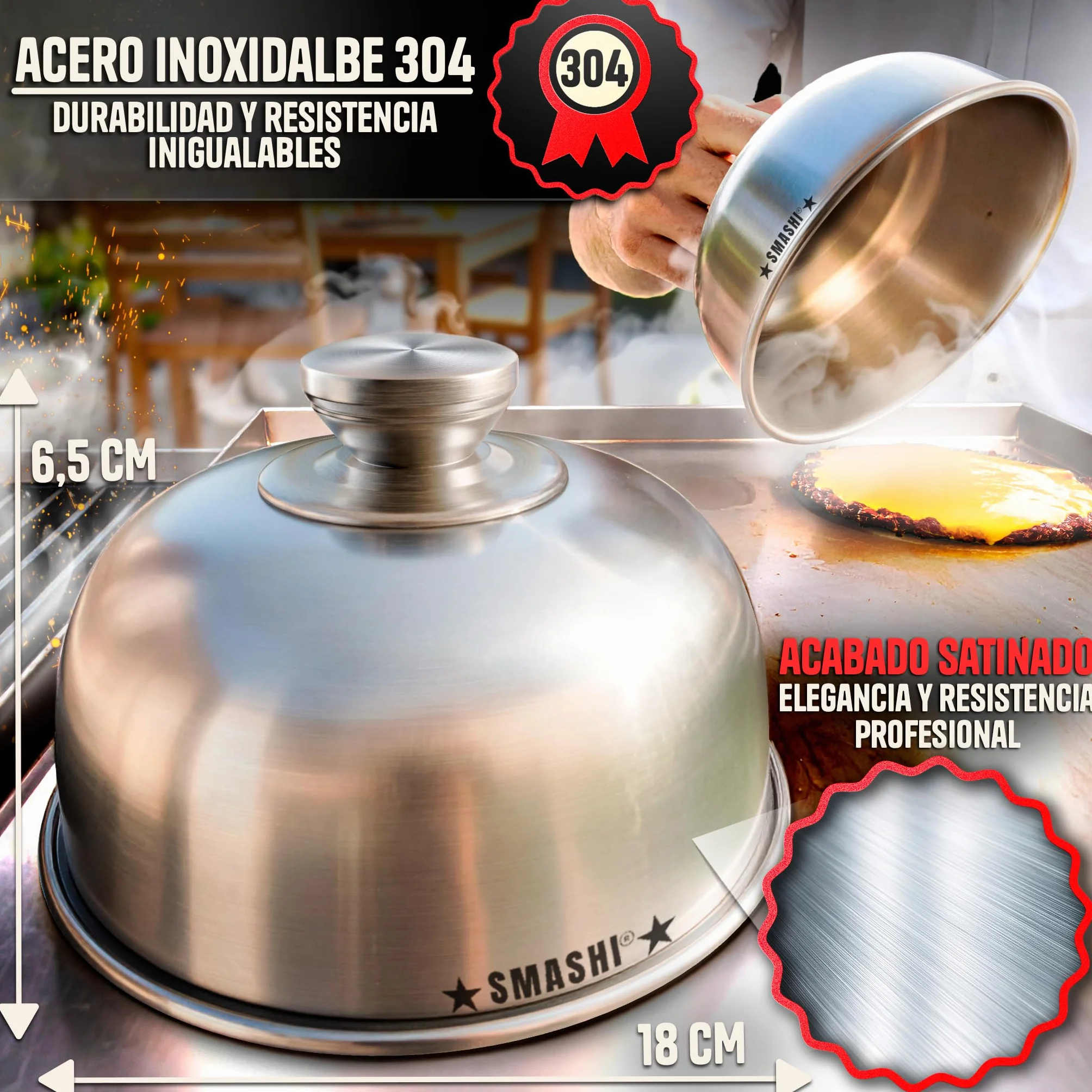 SMASHI® Set de 2 Campanas para Smash Burger – Tapa de Acero Inoxidable 304, Diámetro 16cm
