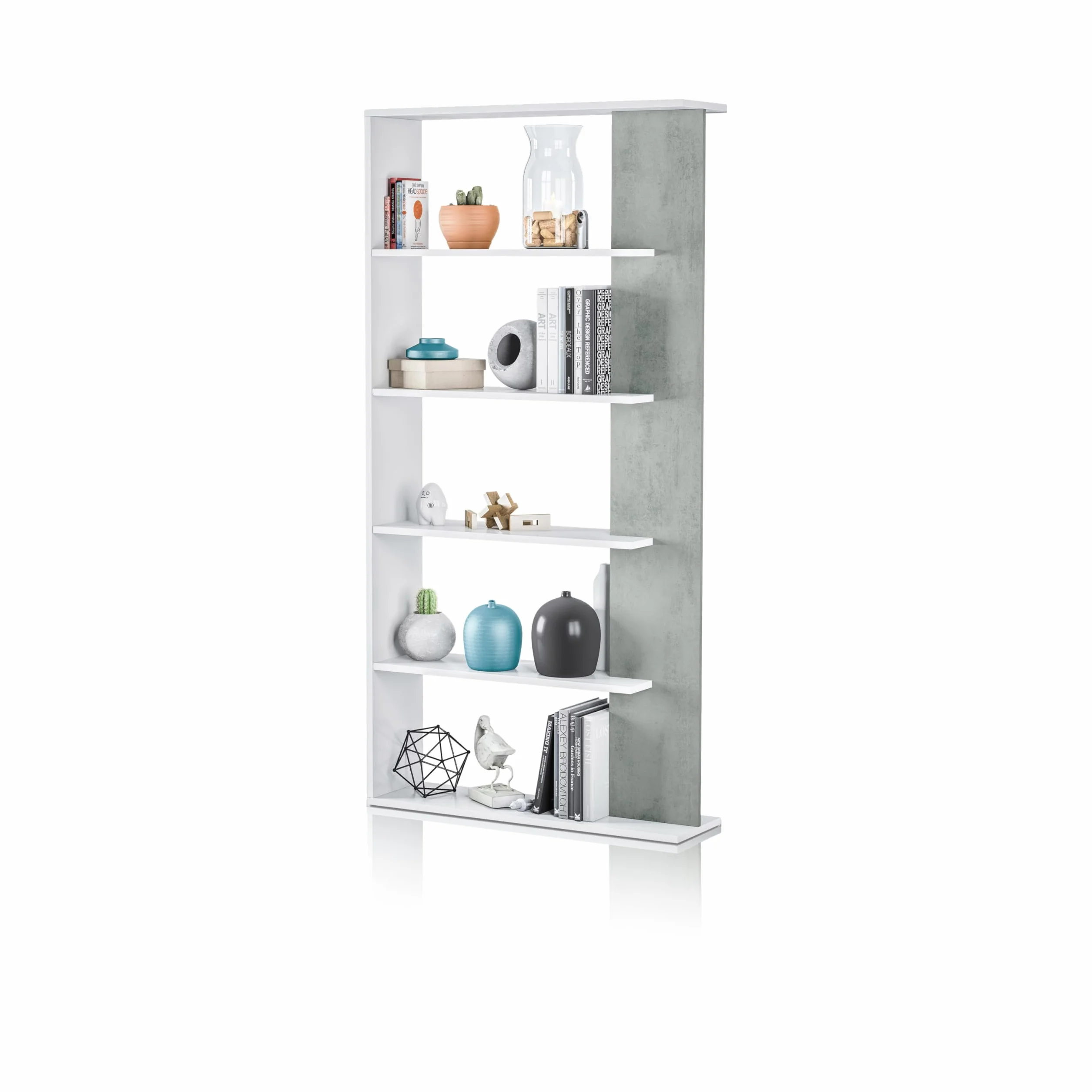 duehome | Estantería 5 baldas, Librería Comedor, Salon, Modelo Opal, Acabado en Color Blanco Artik y Gris Cemento, Medidas: 180 cm (Alto) x 90 cm (Ancho) x 25 cm (Fondo)