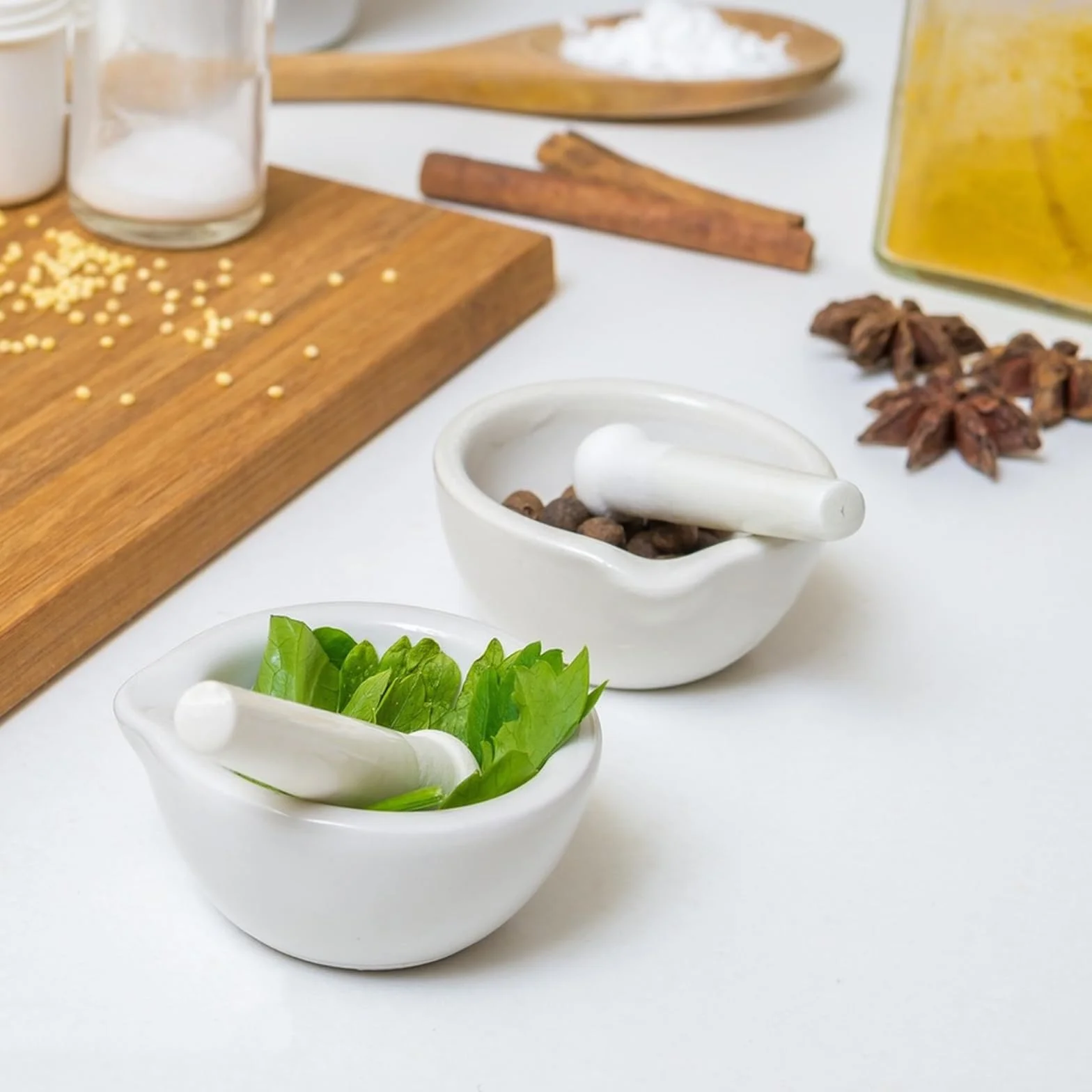 2 juegos de mortero con mortero y cepillos, pequeño mortero de porcelana, juego de mortero de cerámica, pequeño cuenco para hierbas, pesto, cocina, mortero, accesorio científico, 80 mm