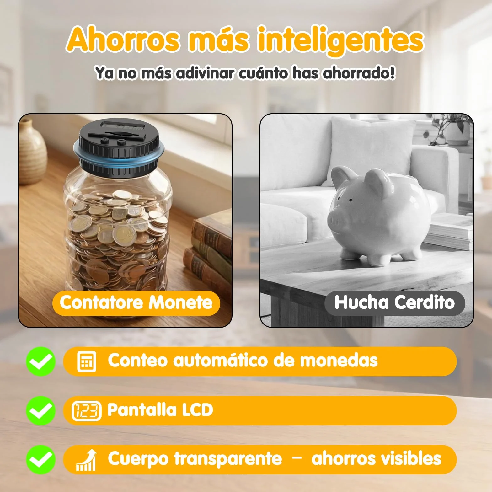 Pup Go Hucha Electronica Digital con Contador y Pantalla LCD, 1.8L Gran Capacidad, Transparente, Cuenta Monedas Euro