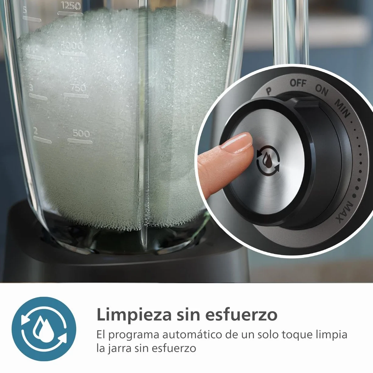 Philips Serie 5000 Batidora, Motor ProBlend Plus de 1200 W, Prepara Batidos Espesos de Fruta Congelada, Capacidad de 2 litros, Limpieza Sin Esfuerzo, Aplicación Nutri-U, Negro (HR3041/00)