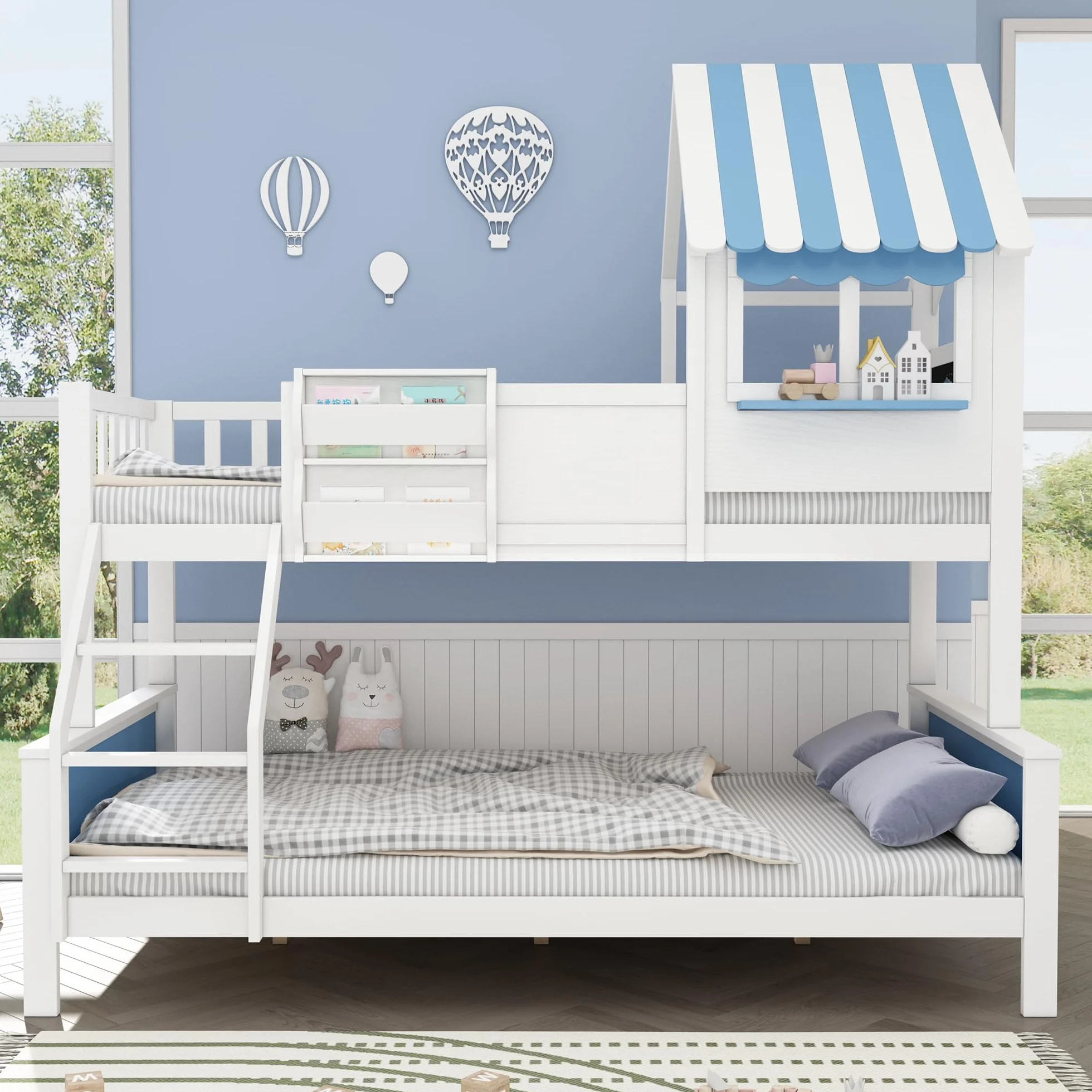 Litera Infantil con Cajón de Almacenamiento | Escalera Inclinada 3 Peldaños + Diseño Ventana Única | Tablero Grafiti Lateral | Estructura Pino+MDF | Blanco/Azul | 90x200cm y 120x200cm